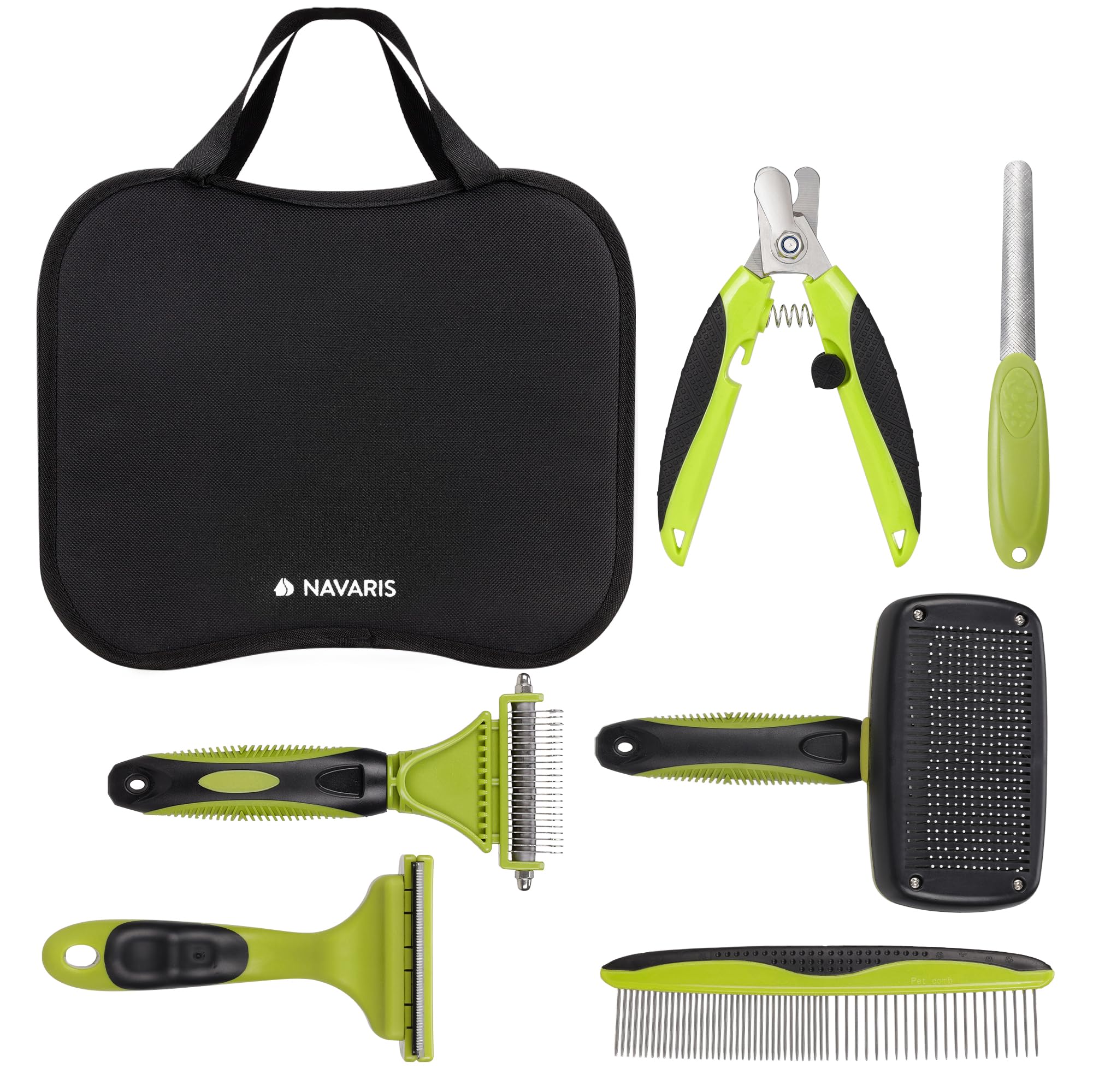 Navaris Pet Grooming Kit, 6pcs for Dog Cat, Puppy, and Rabbit, De-shedding and De-matting Brushes, Comb, Nail Clipper, File