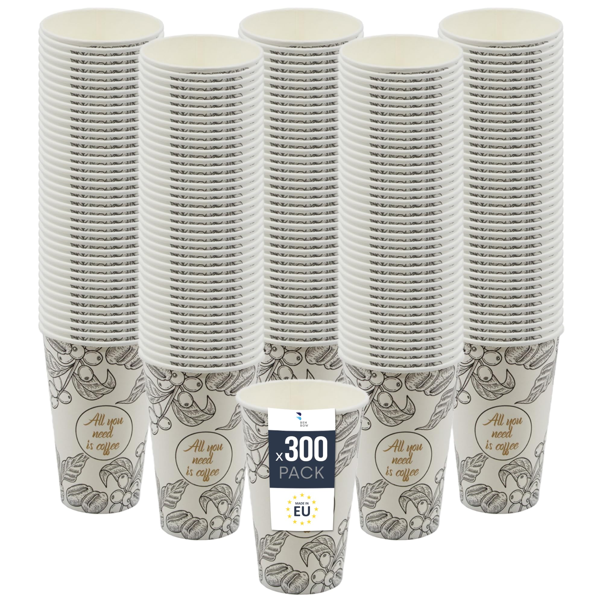 BenBow Bicchieri Monouso 400 ml x 300 - Da Asporto, Usa e Getta, All You Need Is Coffee - Per Ufficio e Macchine da Caffè, Robusti e Pratici