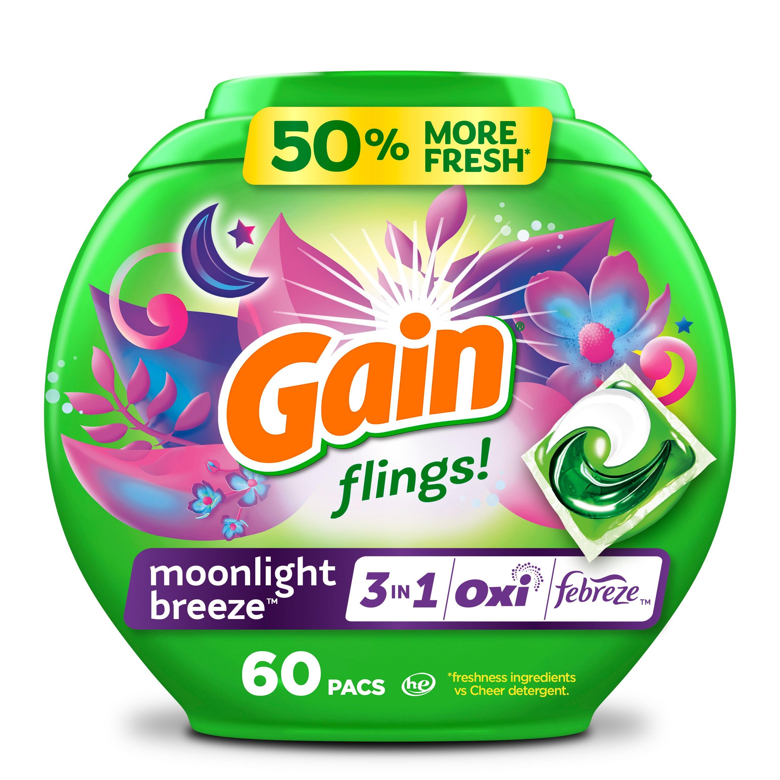 Gain flings! Laundry Detergent Soap Pacs HE Compatible 60 ct Long Lasting Scent Moonlight Breeze