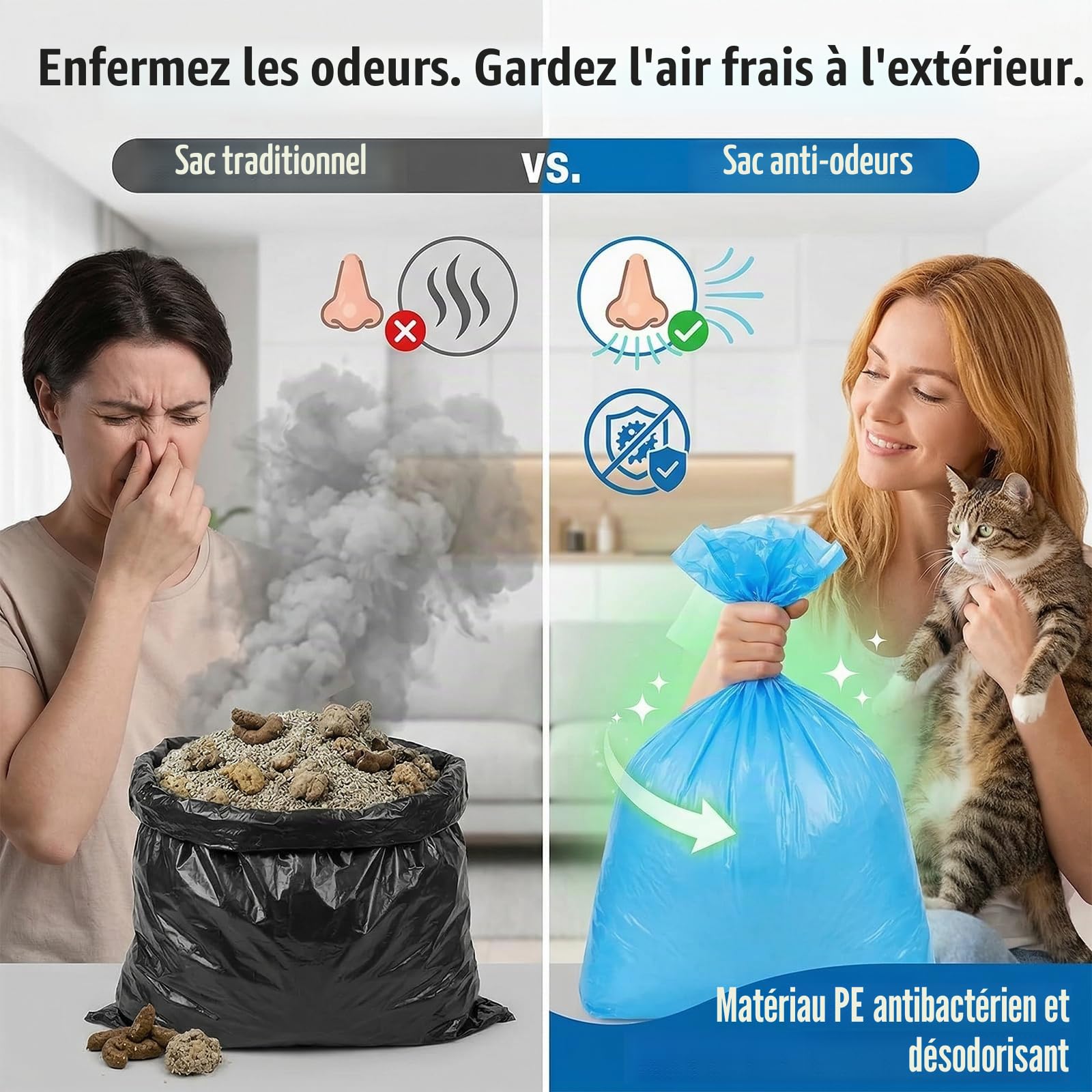 20Pcs Sac a Litiere pour Chat, Sac Poubelle Couche Longueur Totale 90m, Recharge Poubelle à Couche Anti Odeur, Compatible pour Recharge Poubelle et Un Seau à Litière pour Chat