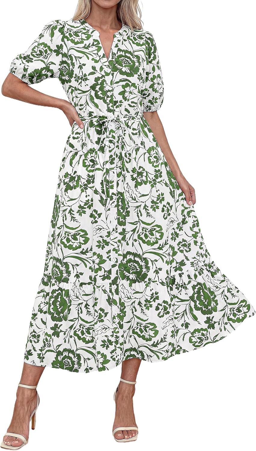 Okiwam Summer Dresses for Women 2026 Casual V Neck Short Sleeve Boho Floral Midi Dress Button Down Beach Vacation Sundress