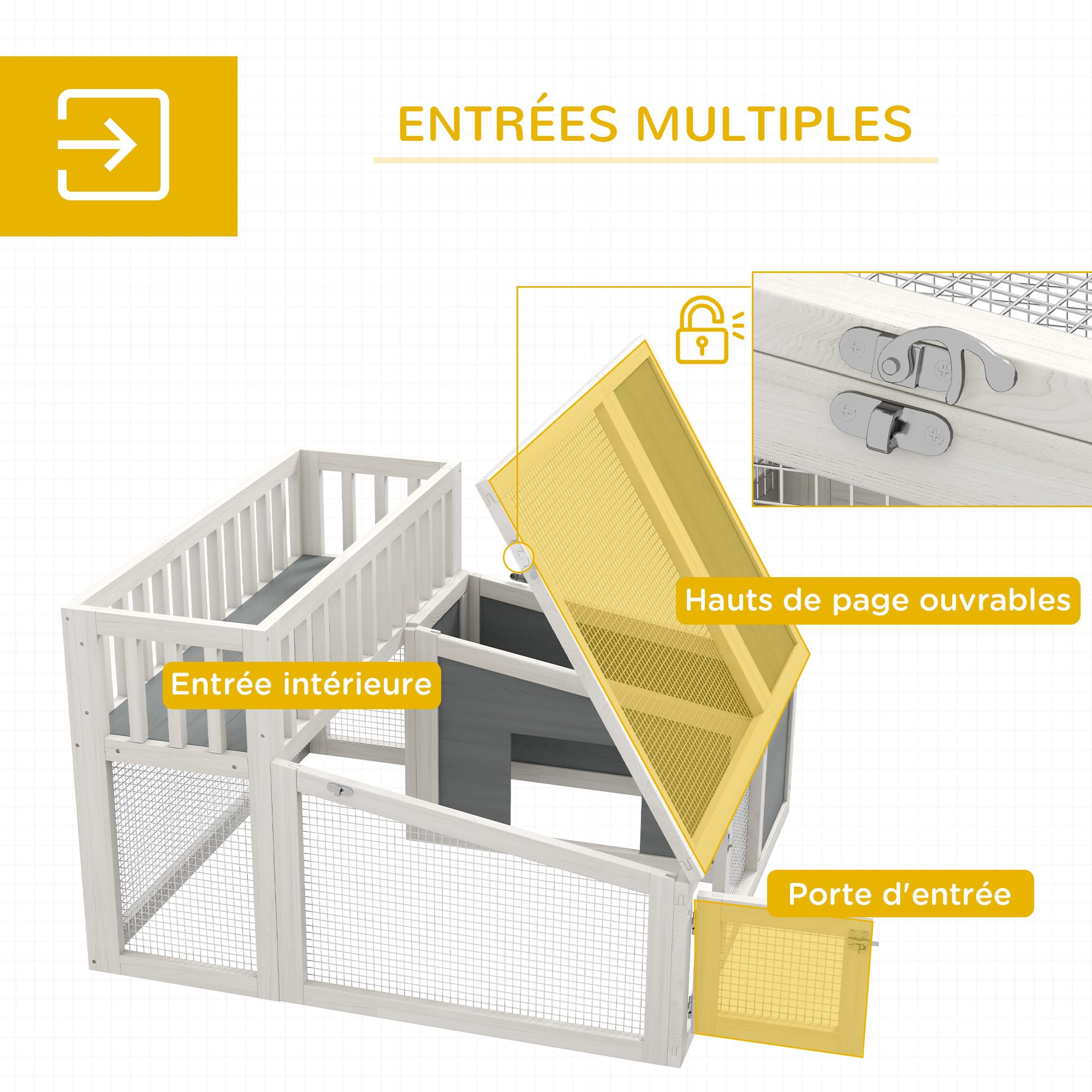 PawHut Clapier, Cage à Lapin en Bois avec étagère pour Plantes Grand Espace en Bois, Plusieurs Portes - Dim. 94L x 90l x 60H cm - Gris et Blanc