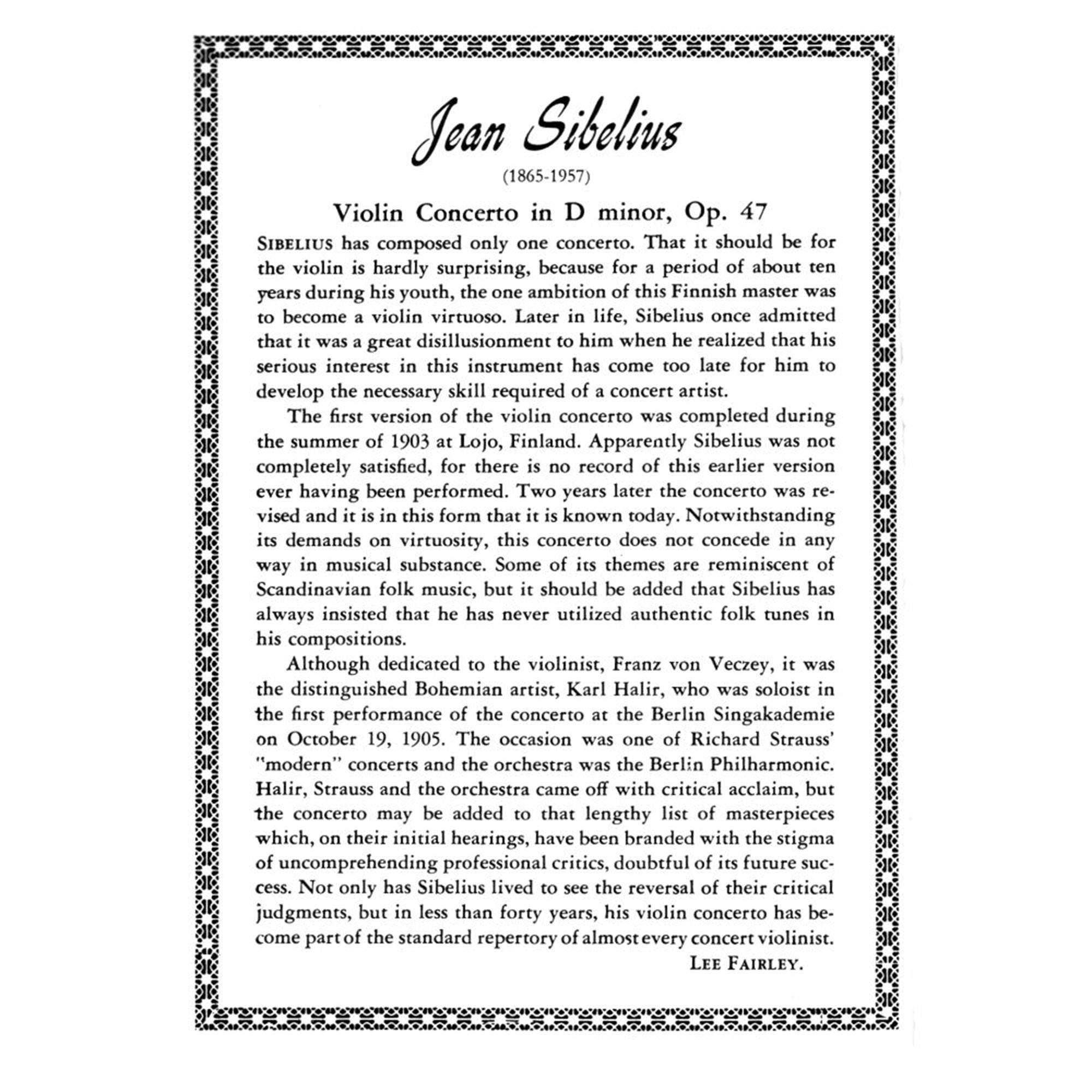 Sibelius, Jean – CONCERTO IN D-MOLL, Op. 47, Studie Score