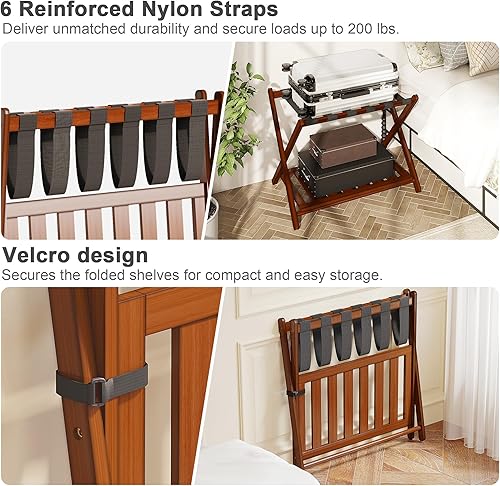 Miniatura 5 de Portaequipajes de bambú para habitación de invitados, soporte ancho para maleta con estante de almacenamiento, soporte de equipaje plegable para