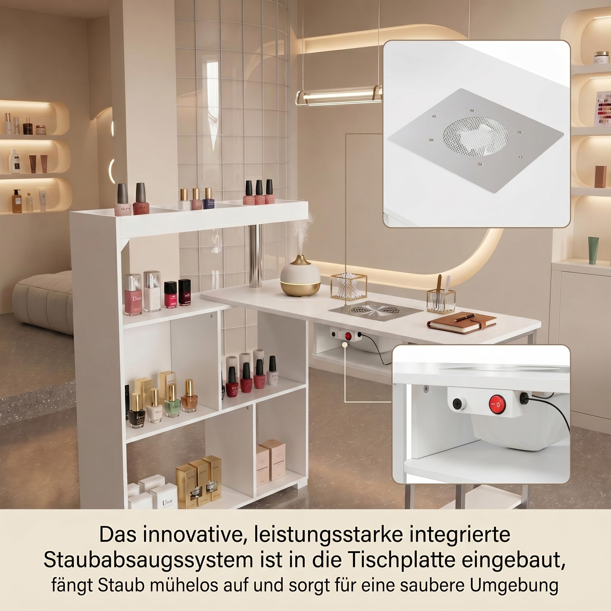 Caldion Table de Soin des Ongles 7 étagères Table de manucure avec Aspiration Meuble Manucure Professional Grand Espace de Rangement pour Salon et Beauté 110 x 82 x 110 cm Blanc