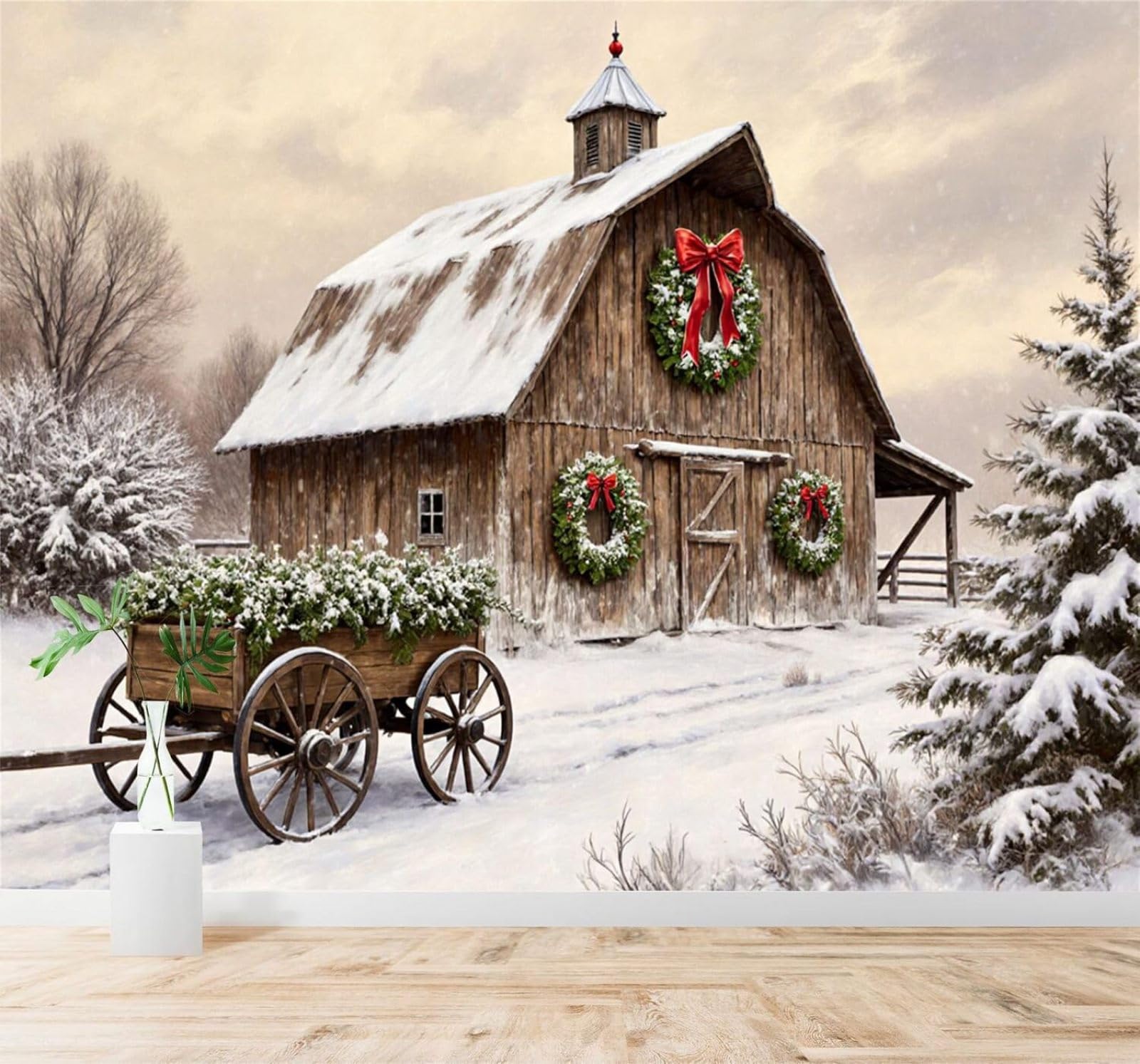 Xlming 200Cm×140Cm(B×H) Beautiful Winter Barn Snowy Scene Wreath Wooden Cart 3D Wallpaper Premium Textured Silk Study Dining Living Room Bedroom Sofa Tv Wall Easy Install-200Cm×140Cm