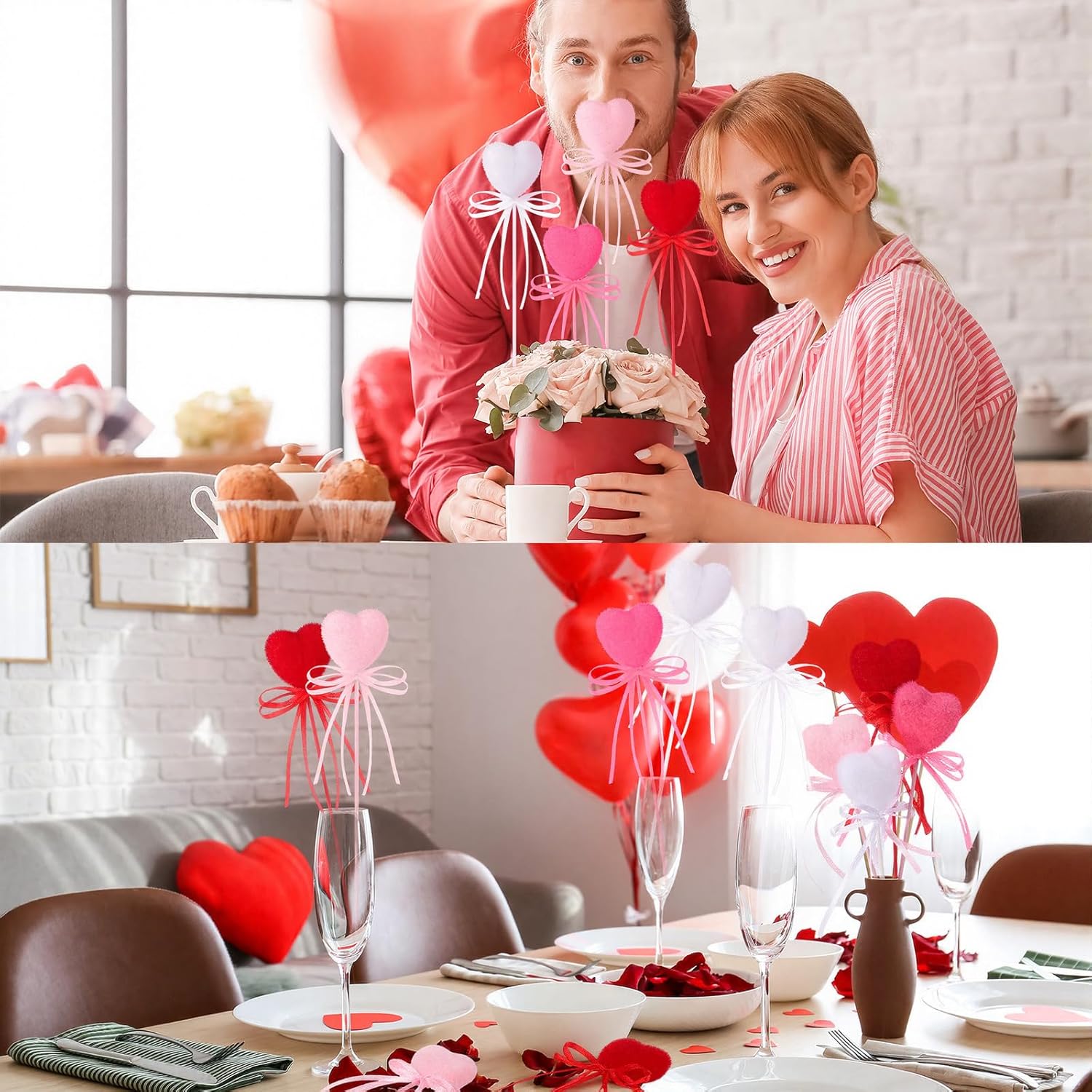 60 Pcs Valentine's Day Heart Picks Red Pink Foam Picks Valentine Heart Puffy Sticks for Tree Flower Arrangements Bouquet Wedding Table Centerpiece Vase Filler Home Decorations