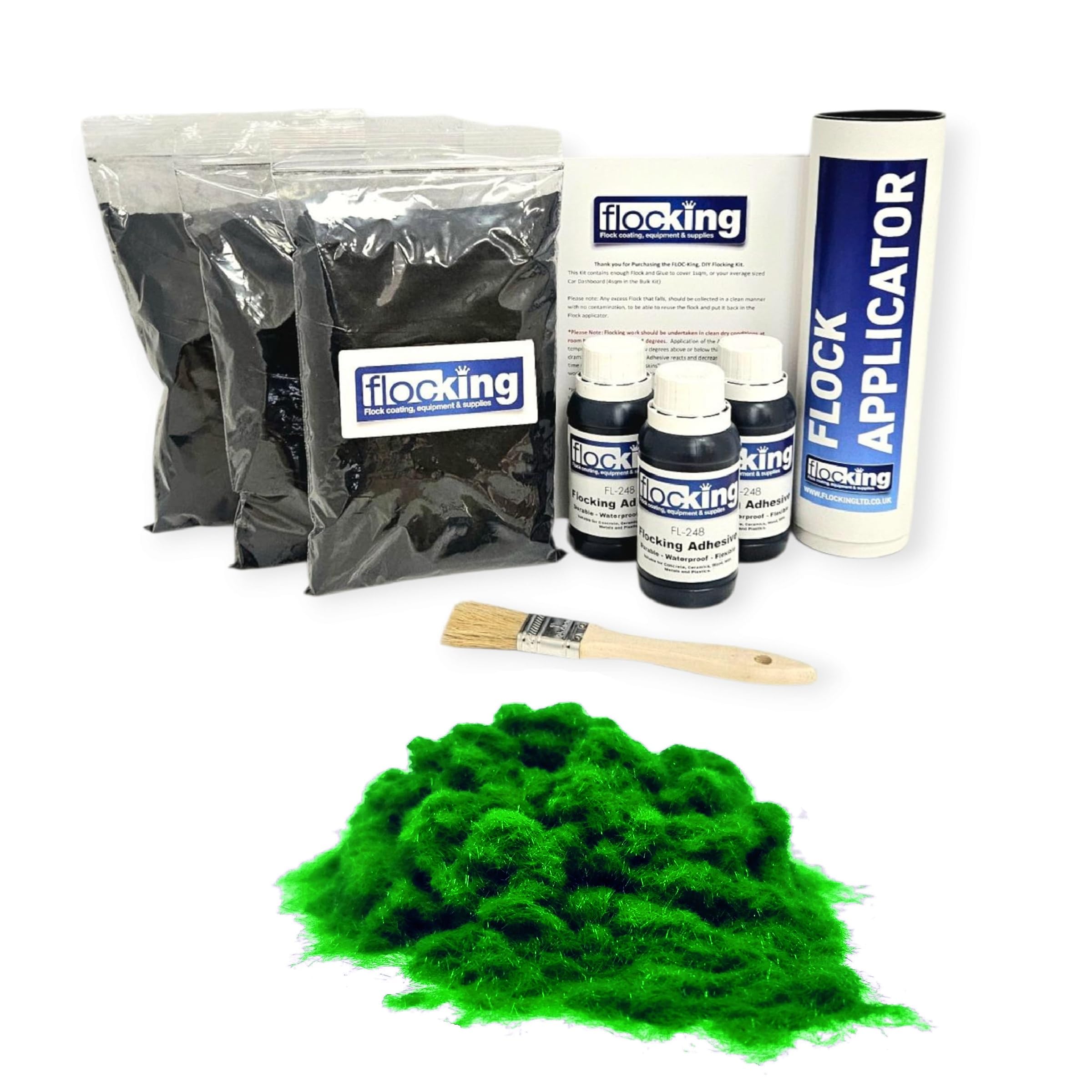 FLOC-KING Triple Flocking Kit for Car Dashboards & Interiors - Professional DIY Flock Application Set - Includes 3sqm Nylon Fibres, Adhesive & Applicator (Snooker Green)
