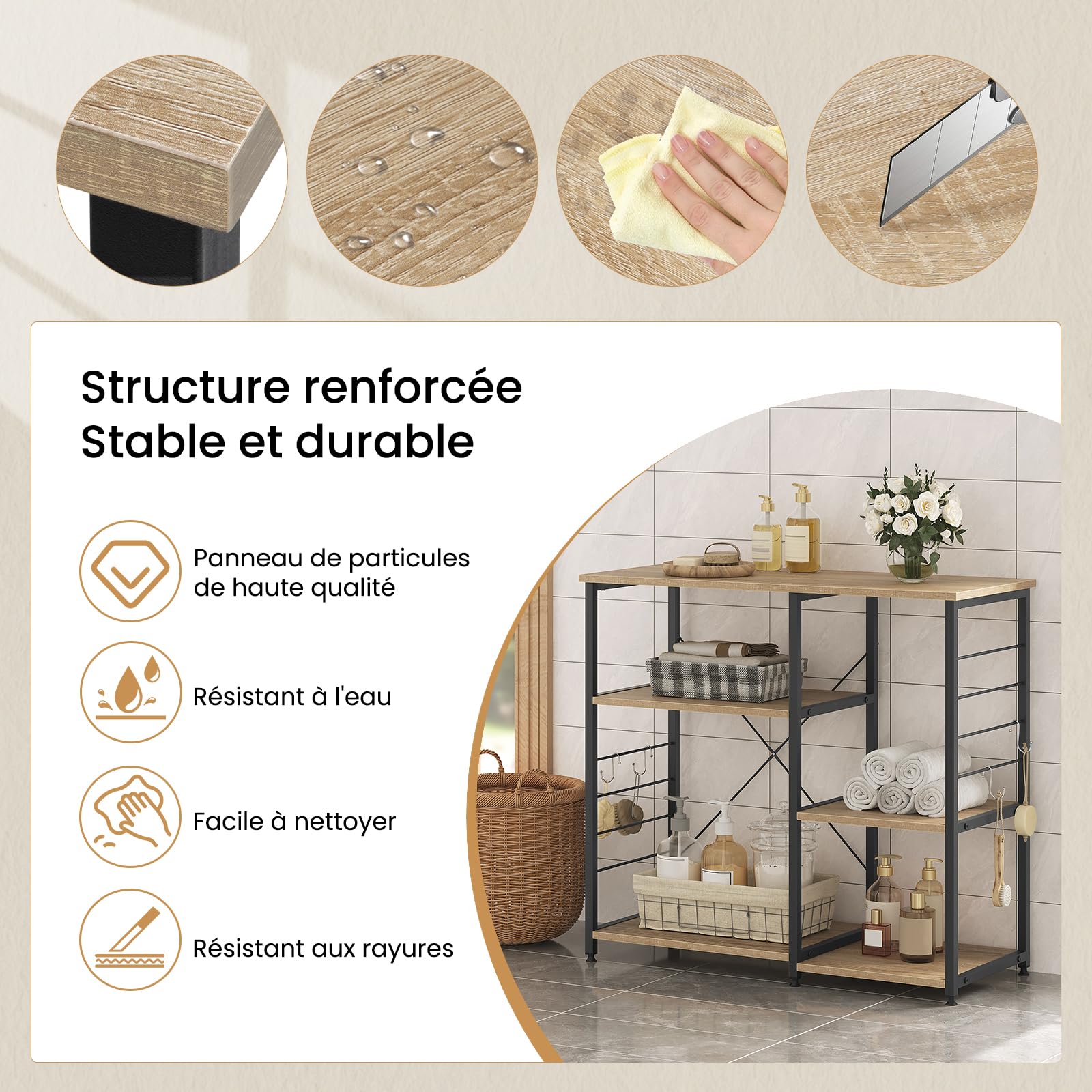 WOLTU Étagère Cuisine avec 5 Étagères de Rangement, Support Micro-Ondes avec 4 Crochets, Cadre en Métal, Bois d'Ingénierie, 90x40x83,5cm, Noir + Chêne Clair