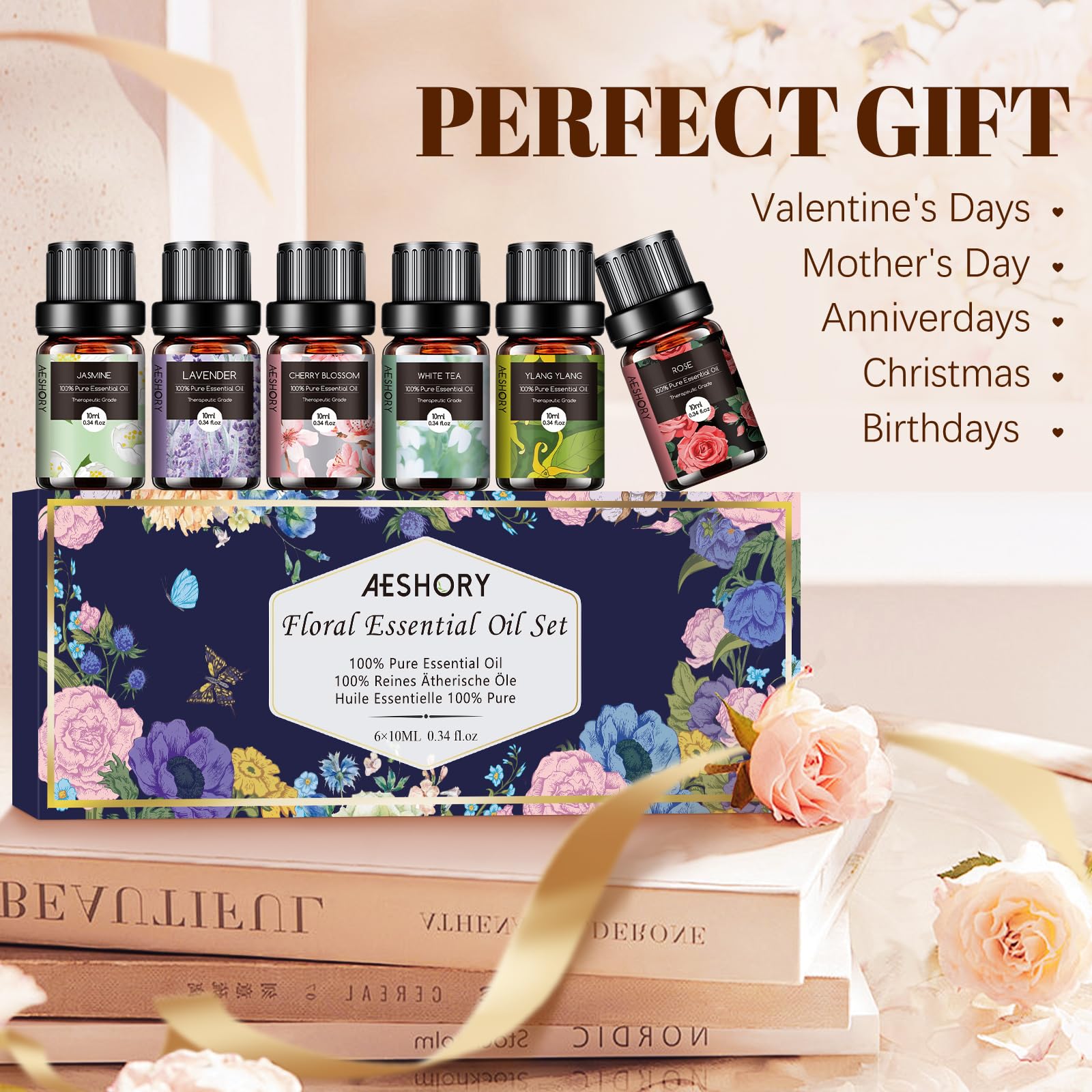 AESHORY Floreali Oli Essenziali per Diffusori 6 x 10ML, Set di Olio Essenziale di Aromaterapia Naturale al 100% per Massaggio, SPA - Lavanda, Rosa, Tè Bianco, Fiori di Ciliegio, Gelsomino, Ylang Ylang