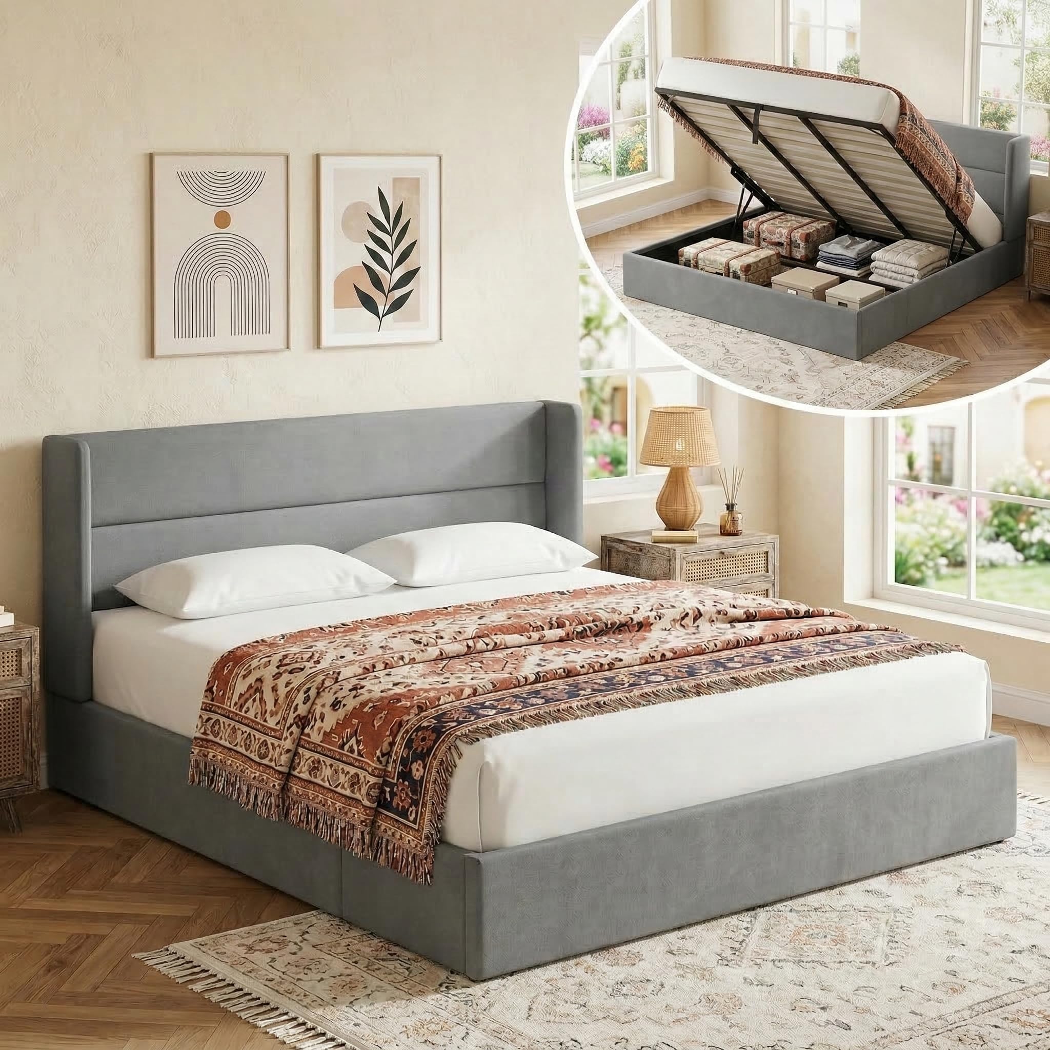 similar to bed frame with storage, upholstered platform bed with hydraulic, lift up storage bed with linen wingback headboard, wooden slat support, no box spring needed, easy assembly, light grey