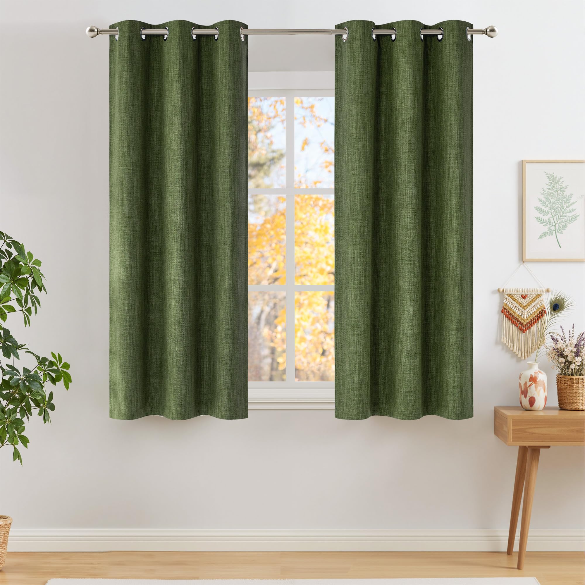 NICETOWN Short Faux Linen Froest Green Blackout Curtains 63 inches Long for Kitchen - Privacy Panels for Living Room Bedroom, Modern Farmhouse Style Easy Care Grommet Top, 2 Panels, W42 by L63