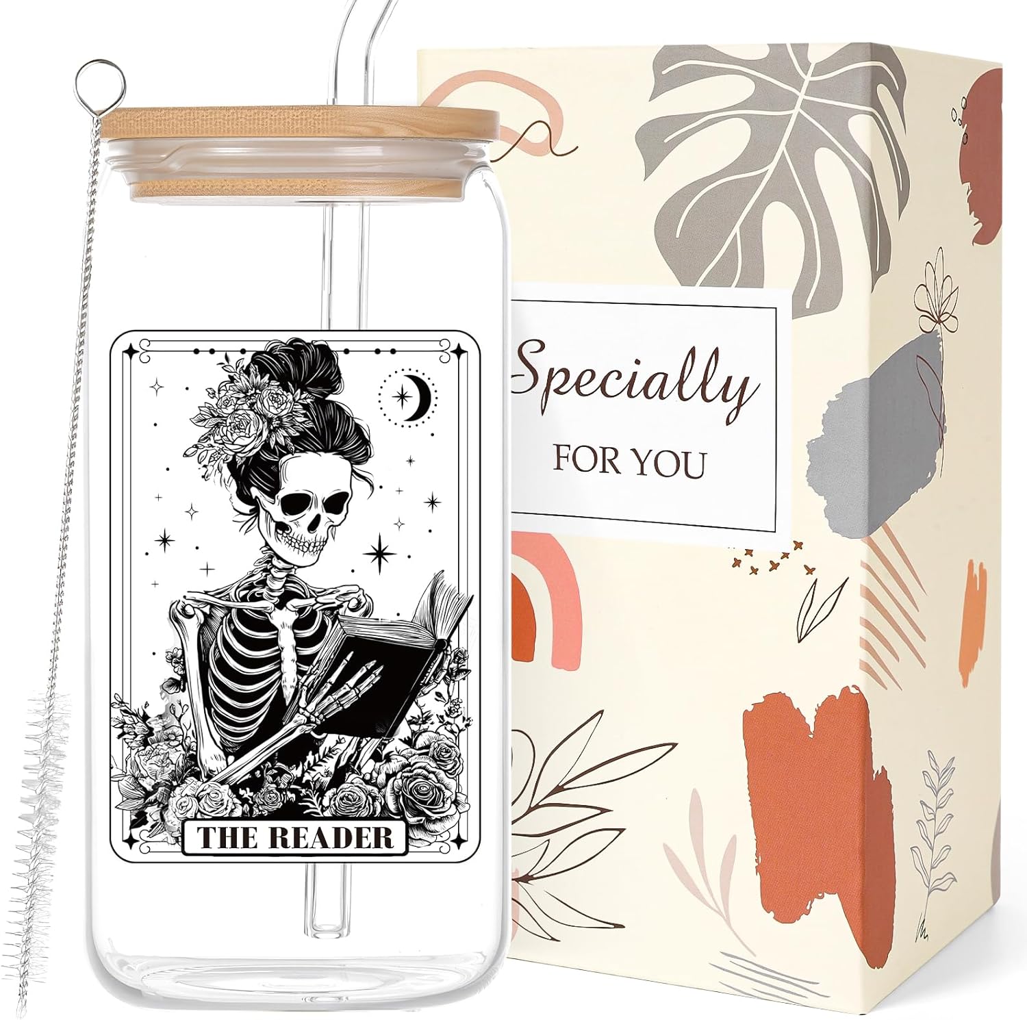 Deorfuy Book Lovers Glass Cup Gifts for Women Girls, 16 Oz the Reader Theme Glass Cup with Lids Straw Gifts for Reader, Gothic Skeleton Halloween Tumbler Book Club Present