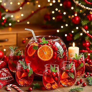 8 Pcs Glass Punch Bowl Set Christmas Party Bowl Set with 6 Punch Cups an...