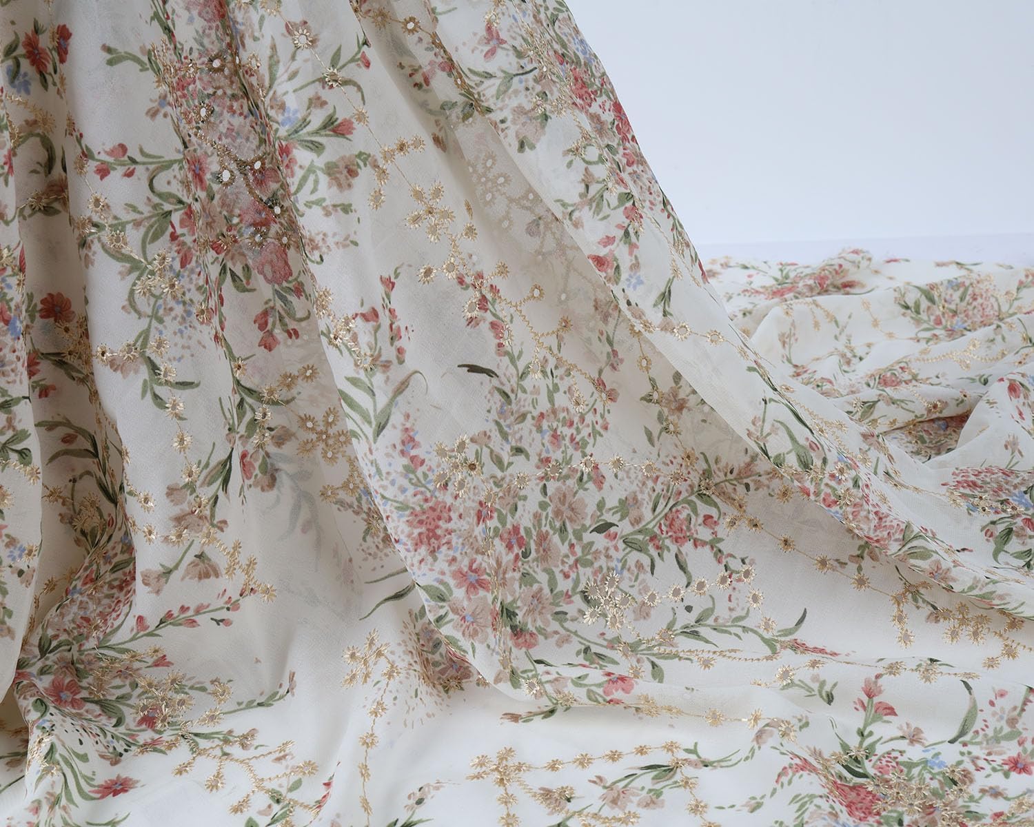 Embroidered Eyelets Chiffon Fabric Drape Floral Printing for Dresses Making 60 inch Wide (Off-White, Pre-Cut 2 Yards)