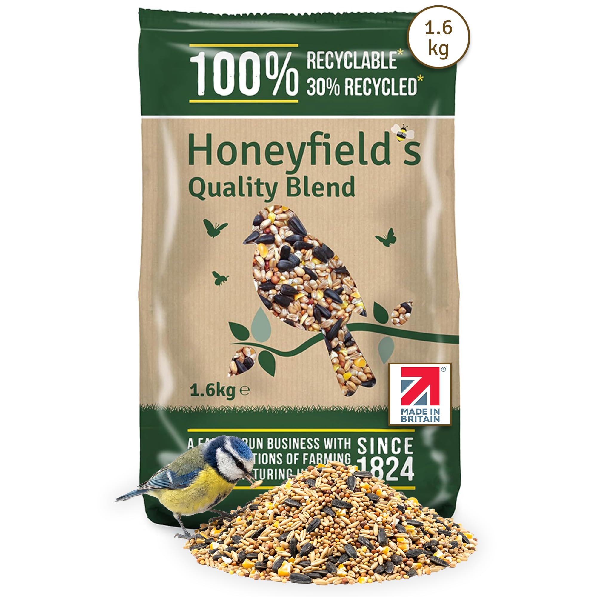 Honeyfield’s - Wild Bird Food for Outside Birds, Quality Wild Bird Seed Mix with Wheat and Black Sunflower Seeds, High in Energy, Protein, and Essential Vitamins, Bulk Bag (1.6kg)