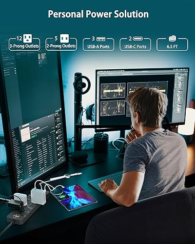 Miniatura 2 de DEPOW Regleta protectora contra sobretensiones (3,400 julios), 17 tomas de corriente alterna múltiples (1875 W15 A) con 3 puertos USB A y 2 puertos