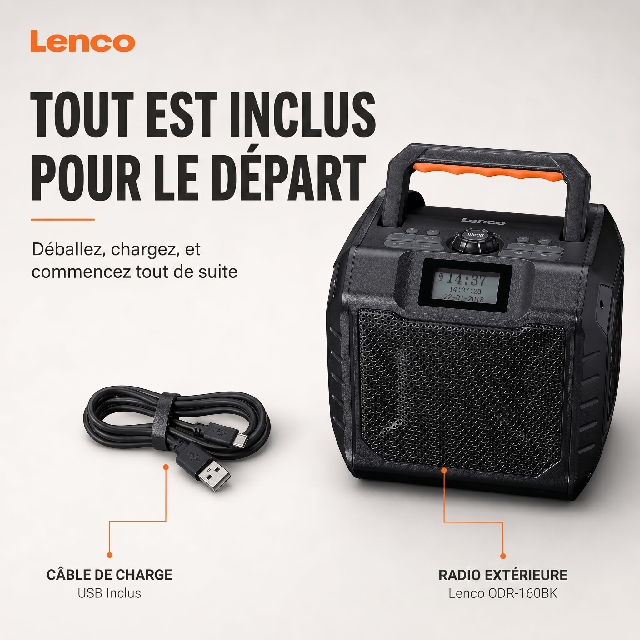 Lenco ODR-160BK Radio Dab+/FM, Haut-Parleur Bluetooth, Antichoc et étanche, Lecteur de Carte SD, AUX-in, 35 W RMS, autonomie de la Batterie 20 Heures, Fonction de Charge USB