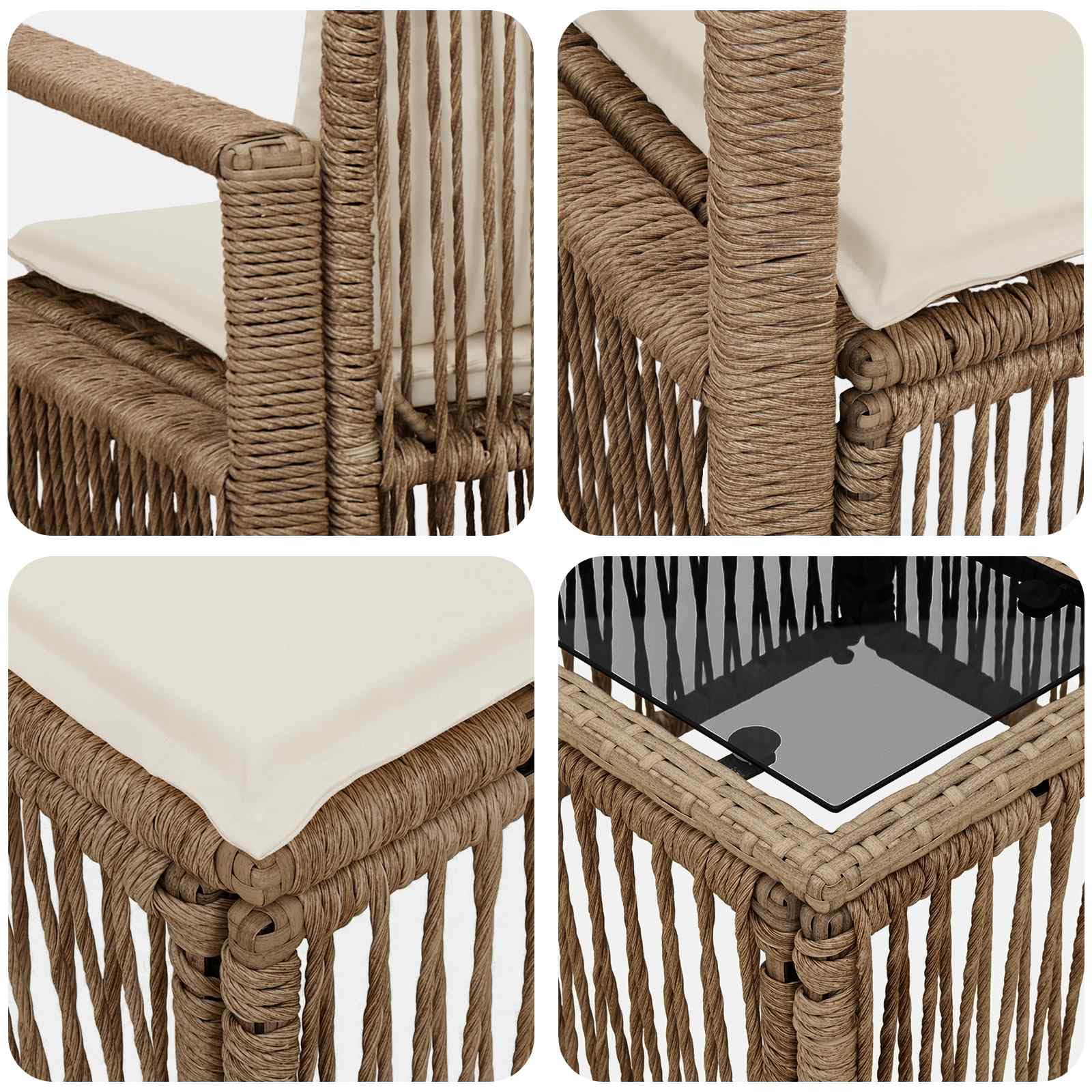 Set di 7 divani da giardino in polyrattan con tavolo, beige | Salotto modulare in polyrattan per terrazza e giardino, con cuscini e robusto telaio in acciaio