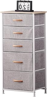 AINPECCA Chest of Drawers, Linen Bedroom Chest of Drawers Storage Cabinet Units with 5 Removable Fabric Drawers, Wooden To...