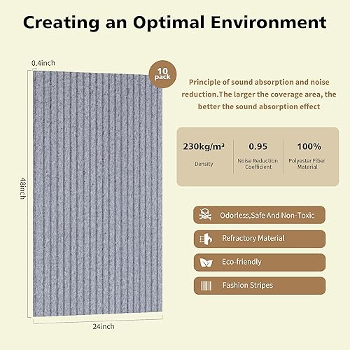 Miniatura 2 de Paneles acústicos, paquete de 10 paneles de sonido que reducen el ruido para paredes, paneles de pared insonorizados de 48 x 24 x 0.4 pulgadas,