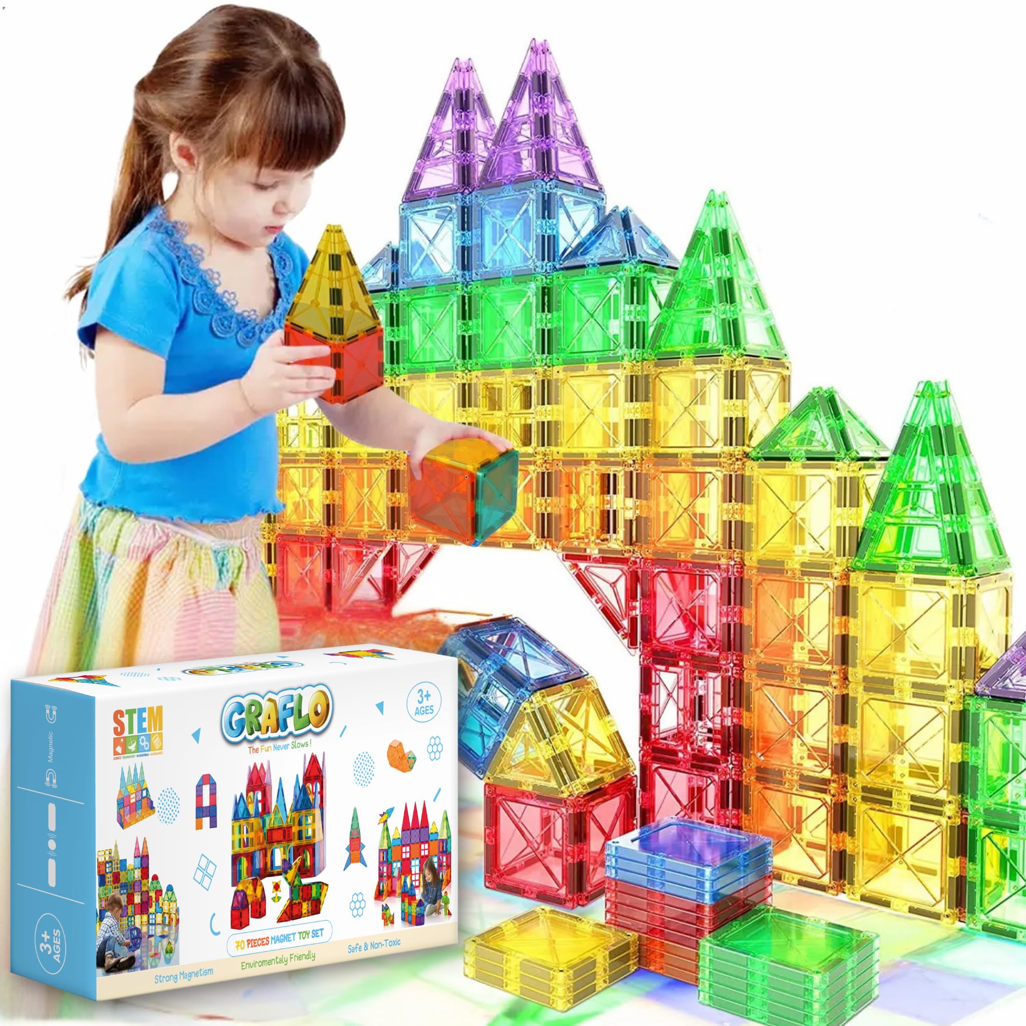 Magnetic Tiles 70 Pcs Building & Construction Set Vibrant 3D Building Toys - Magnetic Tiles for Kids - STEM Toy - Magnet Puzzles Stacking Blocks for Boys Girls - 3+ Years Toys