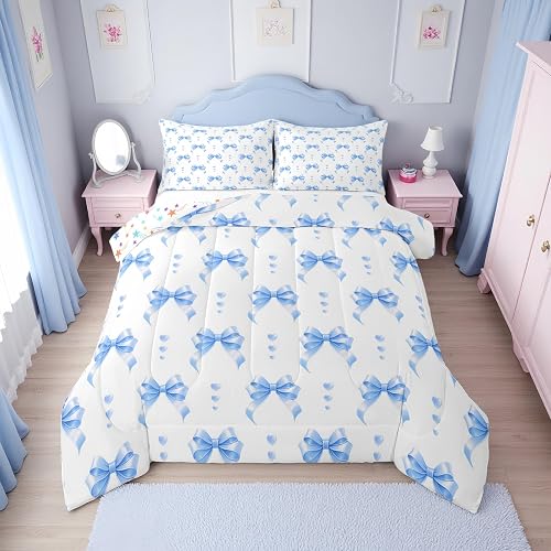 Erosebridal Girls Blue Bow King Comforter Set | Cute Coquette Bowknot Bedding Se
