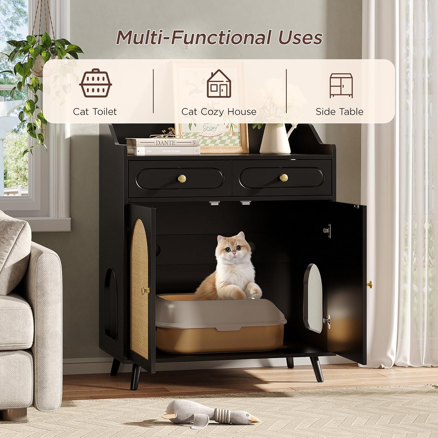 Halitaa Cat Litter Box Enclosure Furniture, Wooden Hidden Litter Box Furniture with Double Rattan Scratching Board Doors, 2 Drawers, Litter Box Cabinet, Cat Cabinet, Black
