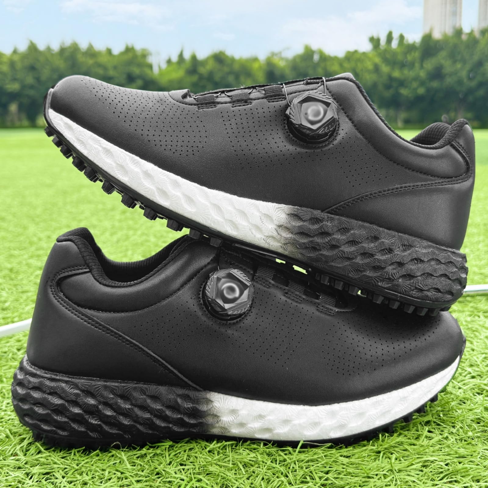JiuQing Wodoodporne buty golfowe męskie profesjonalne bezkolcowe wygodne lekkie antypoślizgowe skórzane trampki