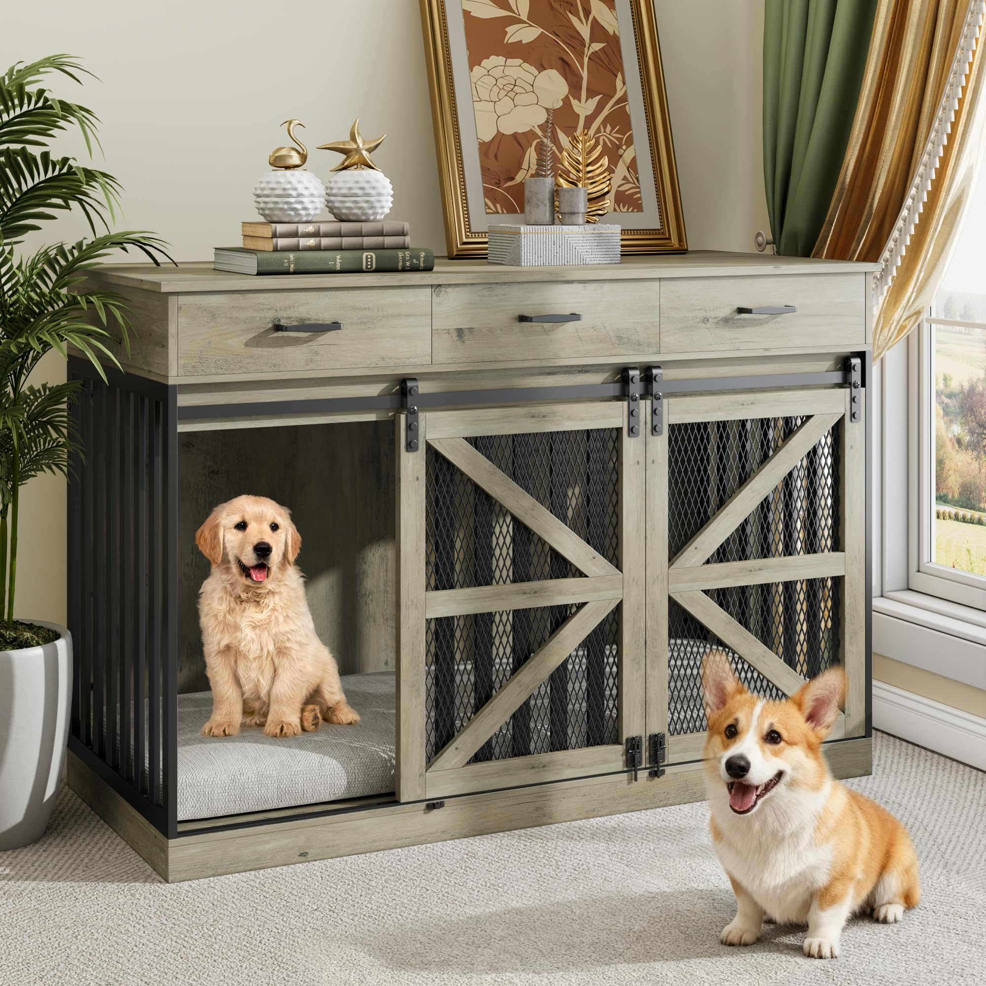 Photo 1 of kepptory 48 Inch Large Dog Crate Furniture with 3 Storage Drawers, Wooden Pet Kennel with Removable Divider, Dog Kennel End Table TV Stand, Farmhouse Style Dog Crates with Sliding Barn Door(Grey)