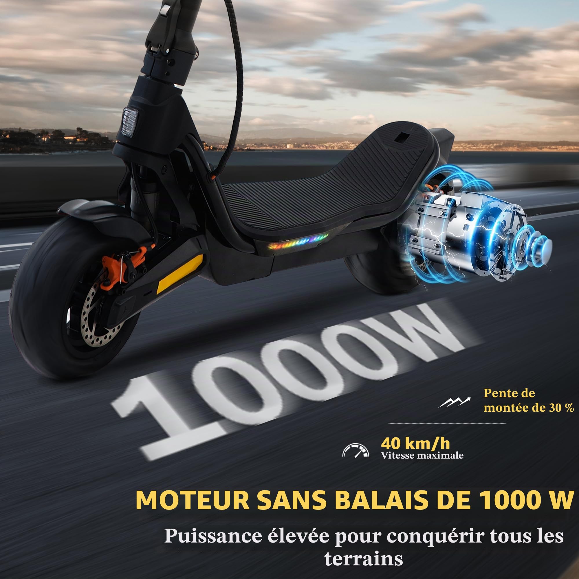 RS500 Trottinette électrique Adulte - 2025 Pliable 9,5", Puissance de 1000 W, Batterie 13Ah, Autonomie 35-55km, App & Écran LCD, Double Suspension, Double Frein, Musique Bluetooth