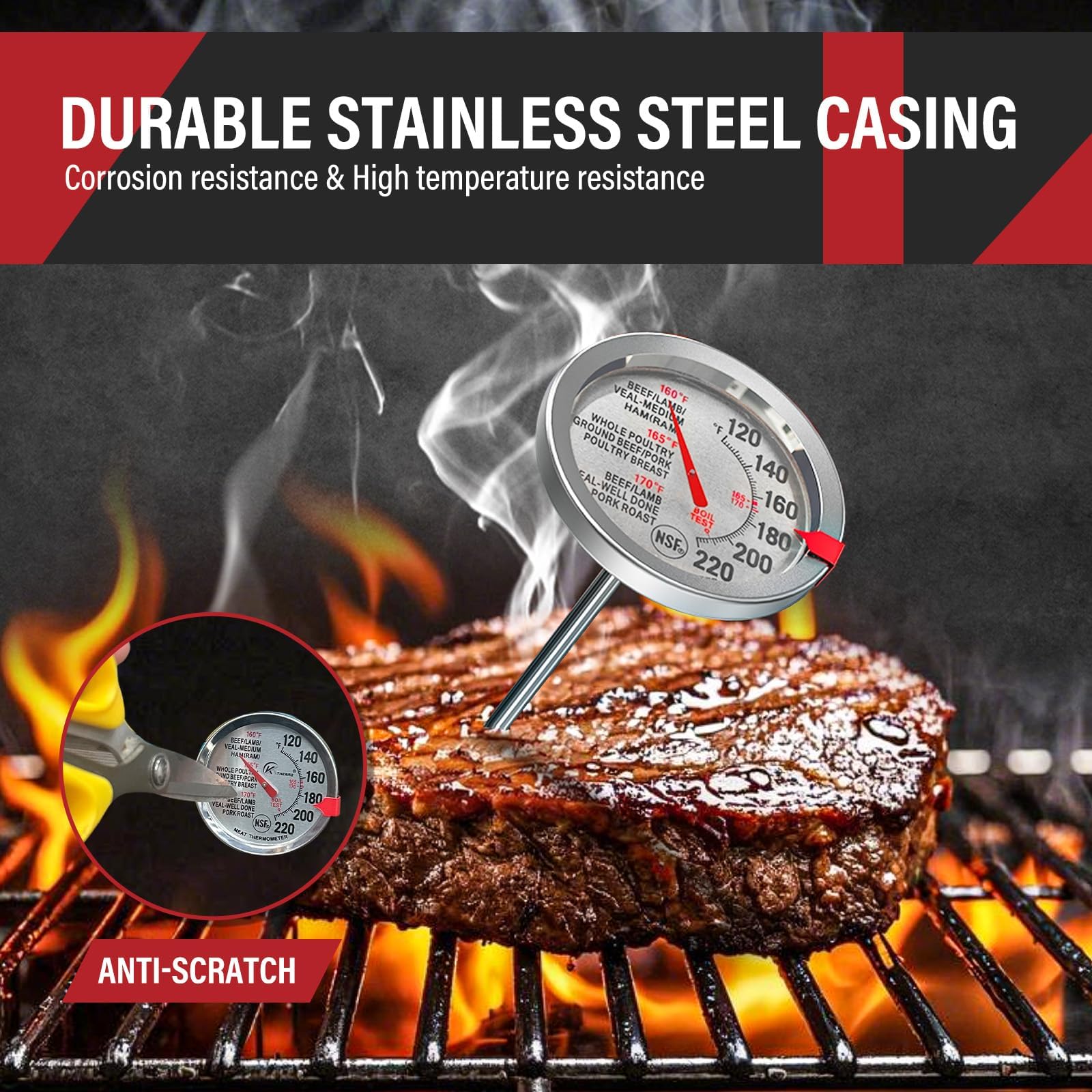 AWLKIM Lot de 2 thermomètres à viande en acier inoxydable, sans danger pour le four, thermomètre alimentaire à cadran extra large de 6,3 cm pour la cuisine, sonde de température pour la pâtisserie