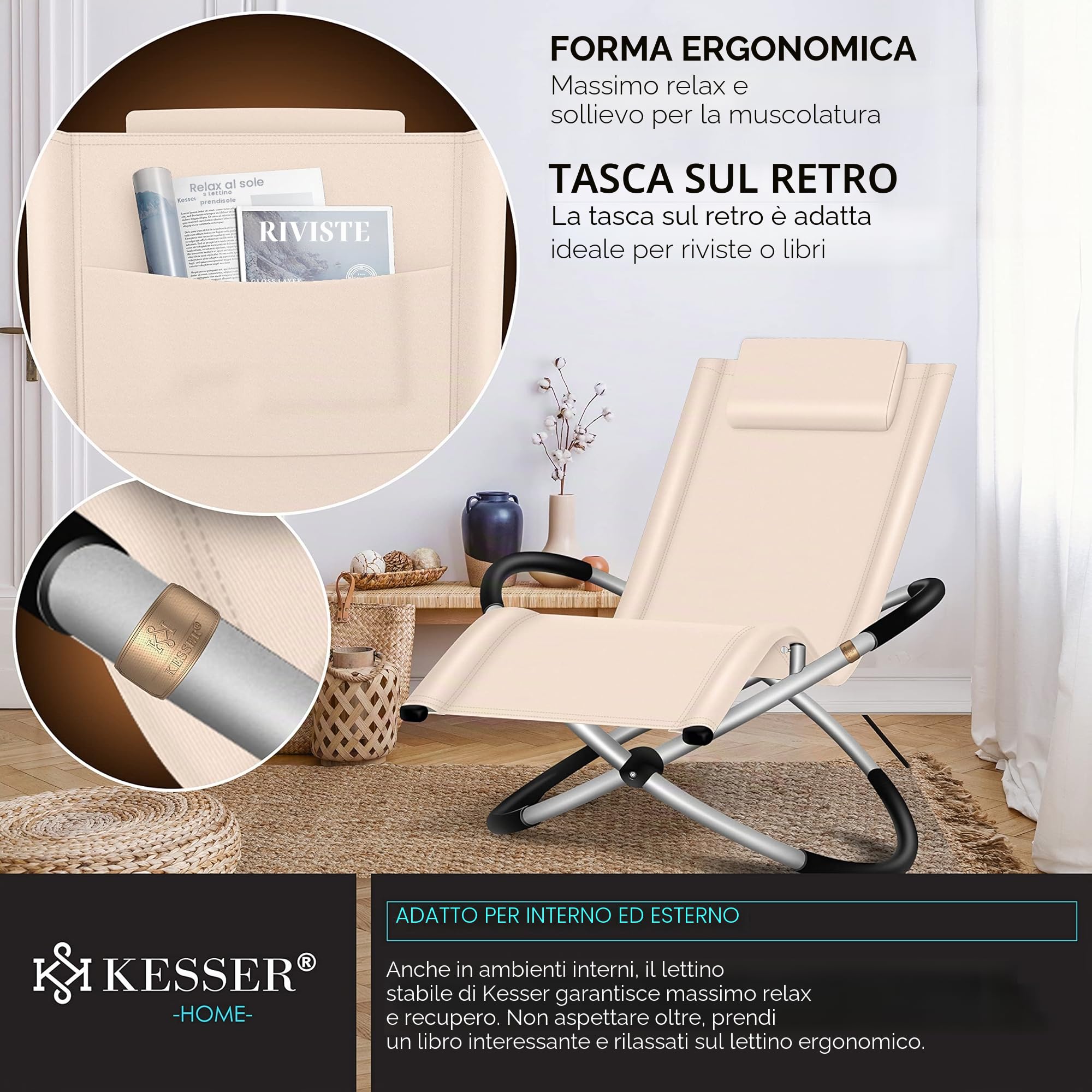 KESSER® Lettino relax Sdraio | Lettino da giardino | Sedia da giardino | Sedia pieghevole | Lettino a dondolo | Sedia a dondolo | seduta reclinabile ergonomica, Beige