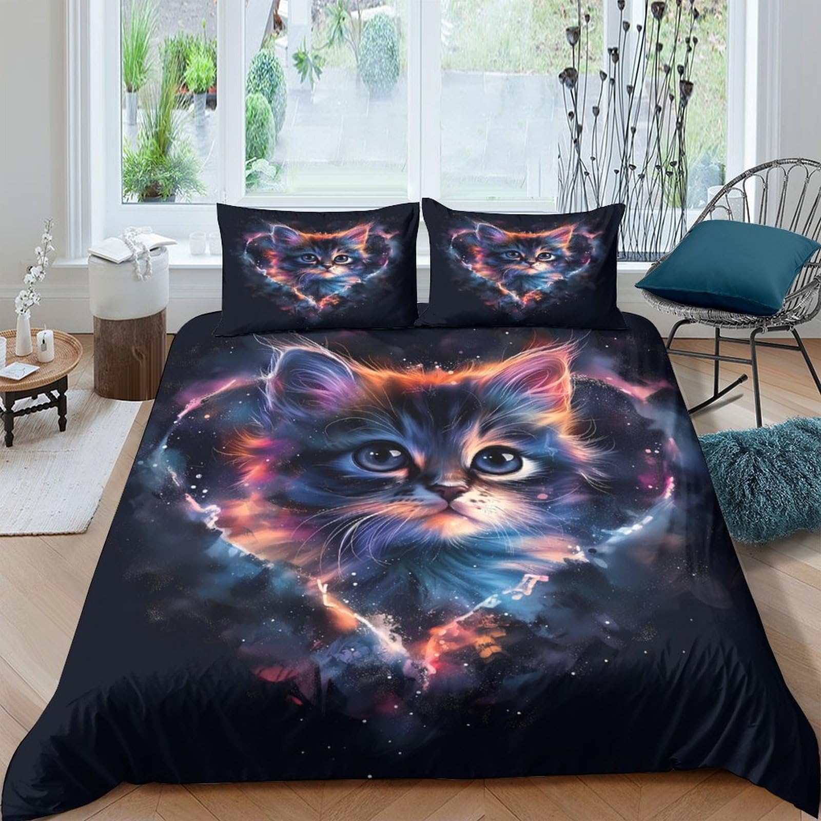 Ctjqhvkz Style-1 3D Printed Fantasy Cat Fitted Sheet Microfiber Soft Breathable Nebula Mattress Cover For Bedroom Dorm Home Single（135X200cm）