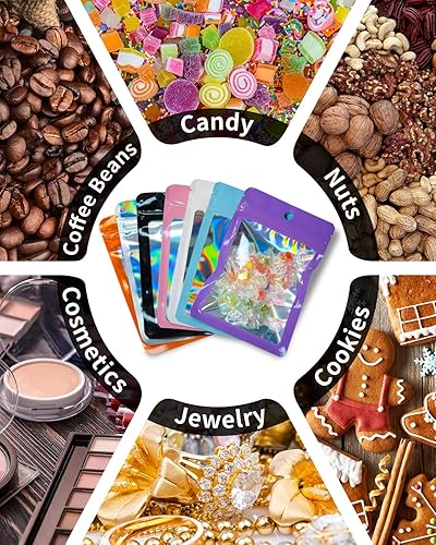 Miniatura 6 de Bolsas resellables de embalaje holográficas, 300 unidades, color morado con ventana transparente para almacenamiento de alimentos, pequeñas empresas