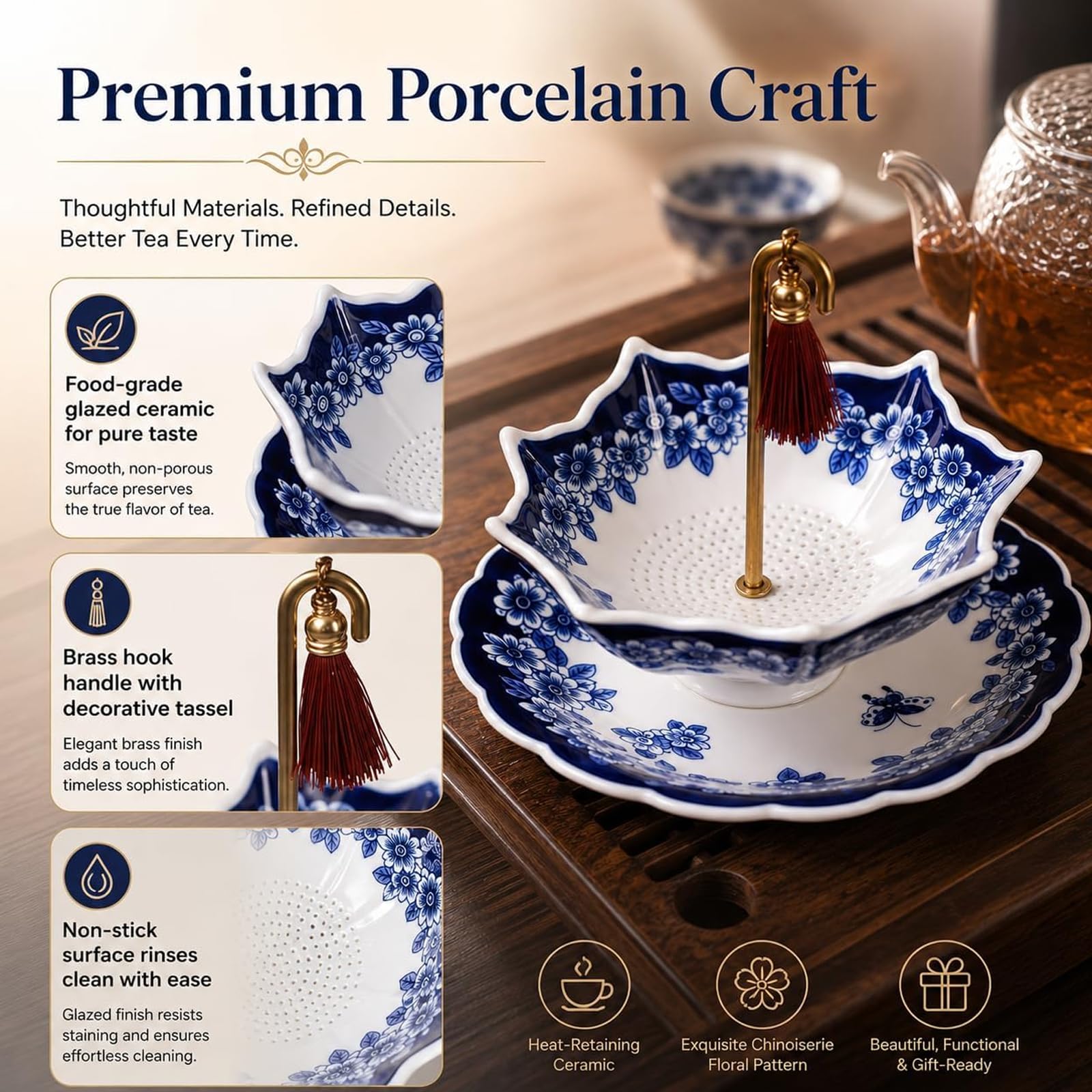 Ceramiczny sitko do herbaty, filtr liściowy w kształcie parasola, z obrotową konstrukcją i mosiężnym uchwytem, porcelanowy zaparzacz do parzenia herbaty i kawy