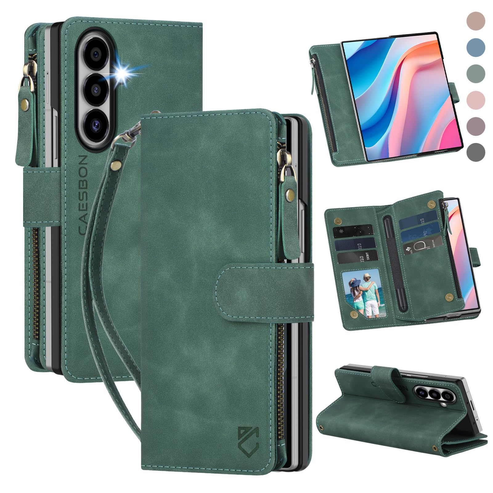 CAESBON for Samsung Galaxy-Z-Fold-7 Wallet Case: with RFID Blocking Card Slots (6 Cards) & Hidden S Pen Holder | Soft PU Leather Magnetic Snap Zipper