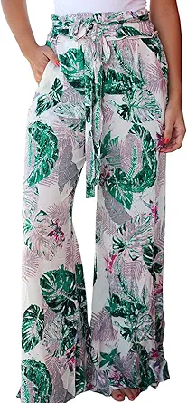ECOWISH Wide Leg Pants for Women Summer 2023 Palazzo Tropical Floral Casual High Waist Flared Trousers with Pockets