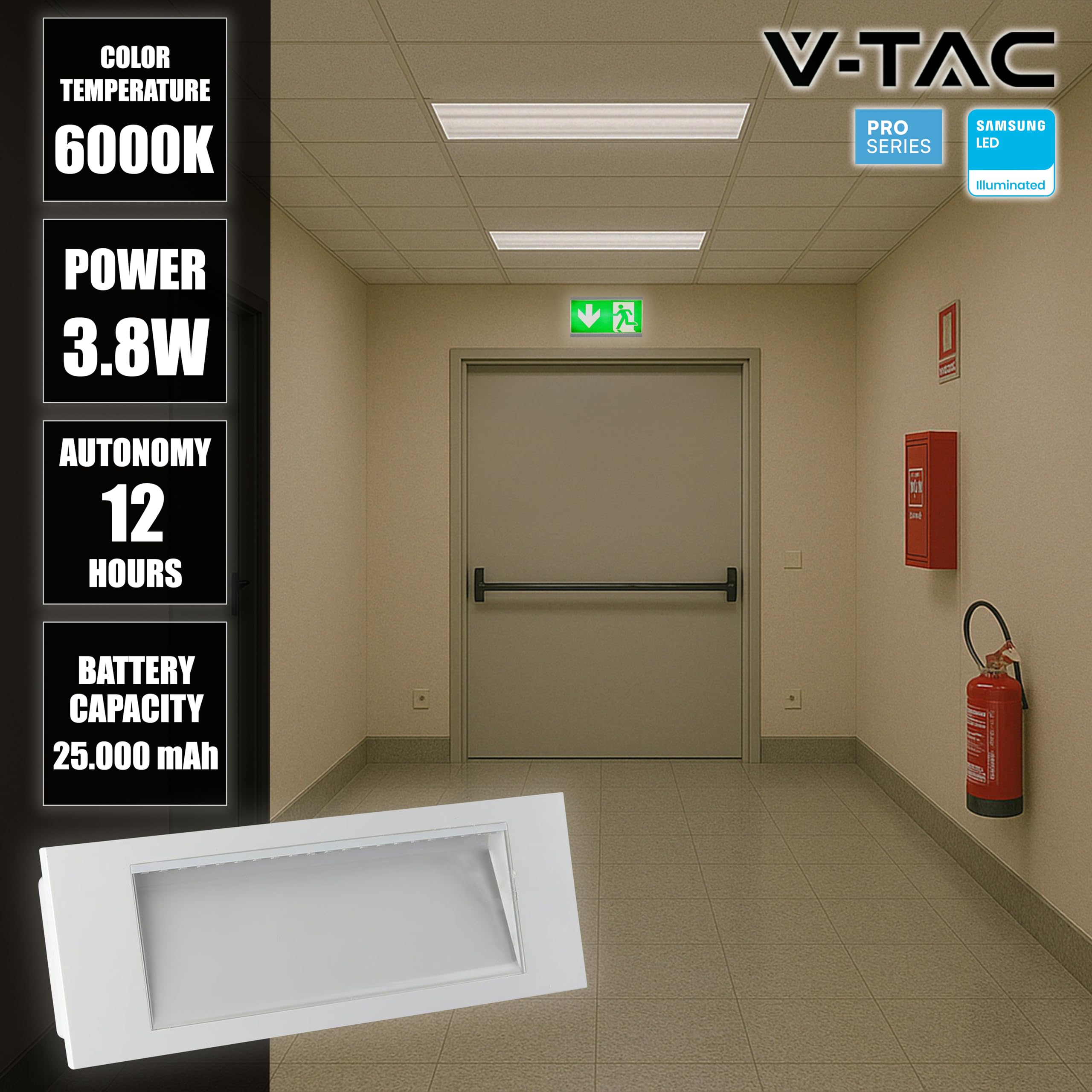 V-TAC Lámpara LED de Emergencia 3,8W – Luz Empotrable para Seguridad y Batería 25000 mAh – Montaje Fácil – IP20 – Señal Anti Black Out – Luz 6000K