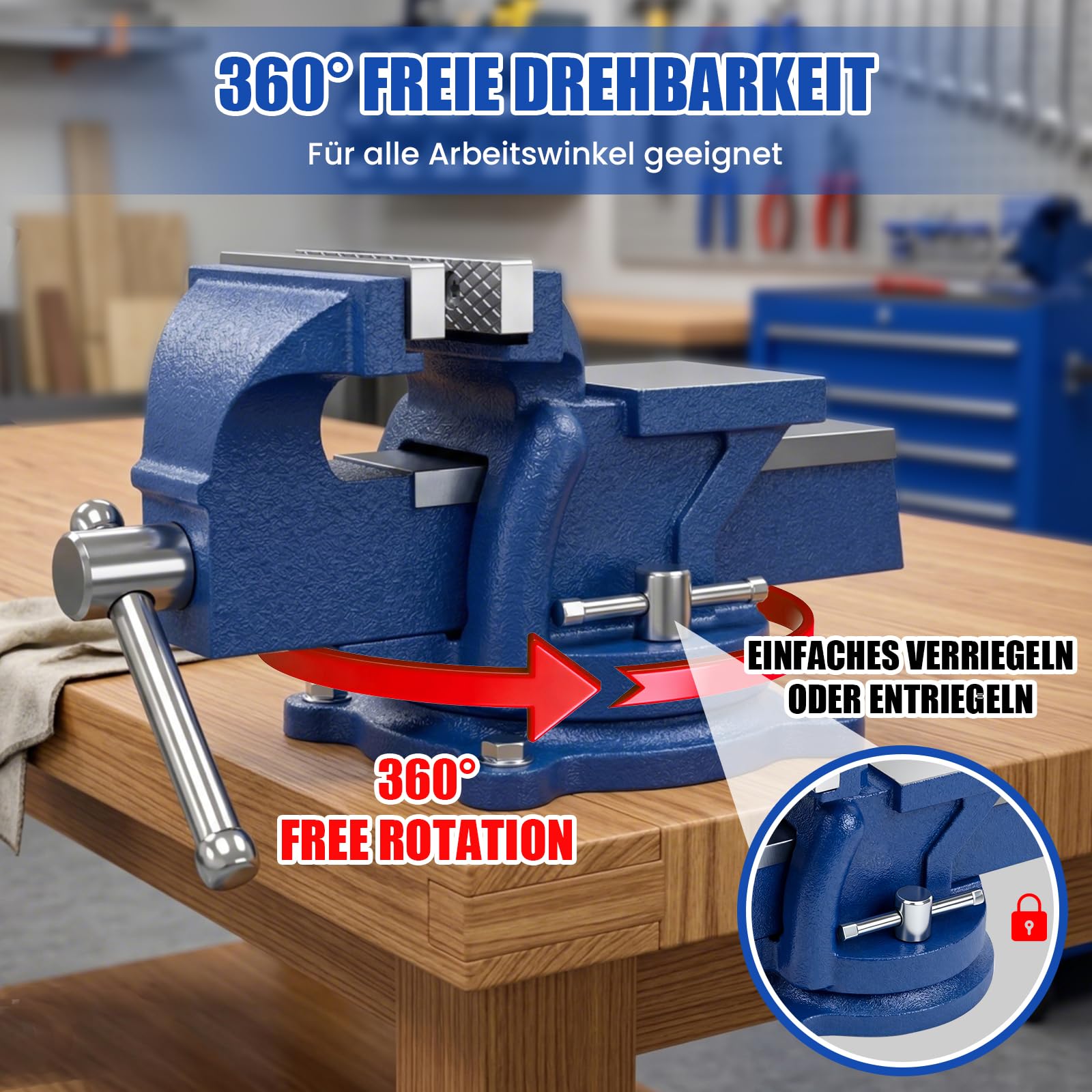 HYCHIKA Schraubstock 360° Drehbar, 100 mm Spannweite, Stahlbacken, Gusseisen Tischschraubstock, Handschraubstöcke klemmbar für Holzbearbeitung Metallbearbeitung Bohren, Werkbank Zubehör