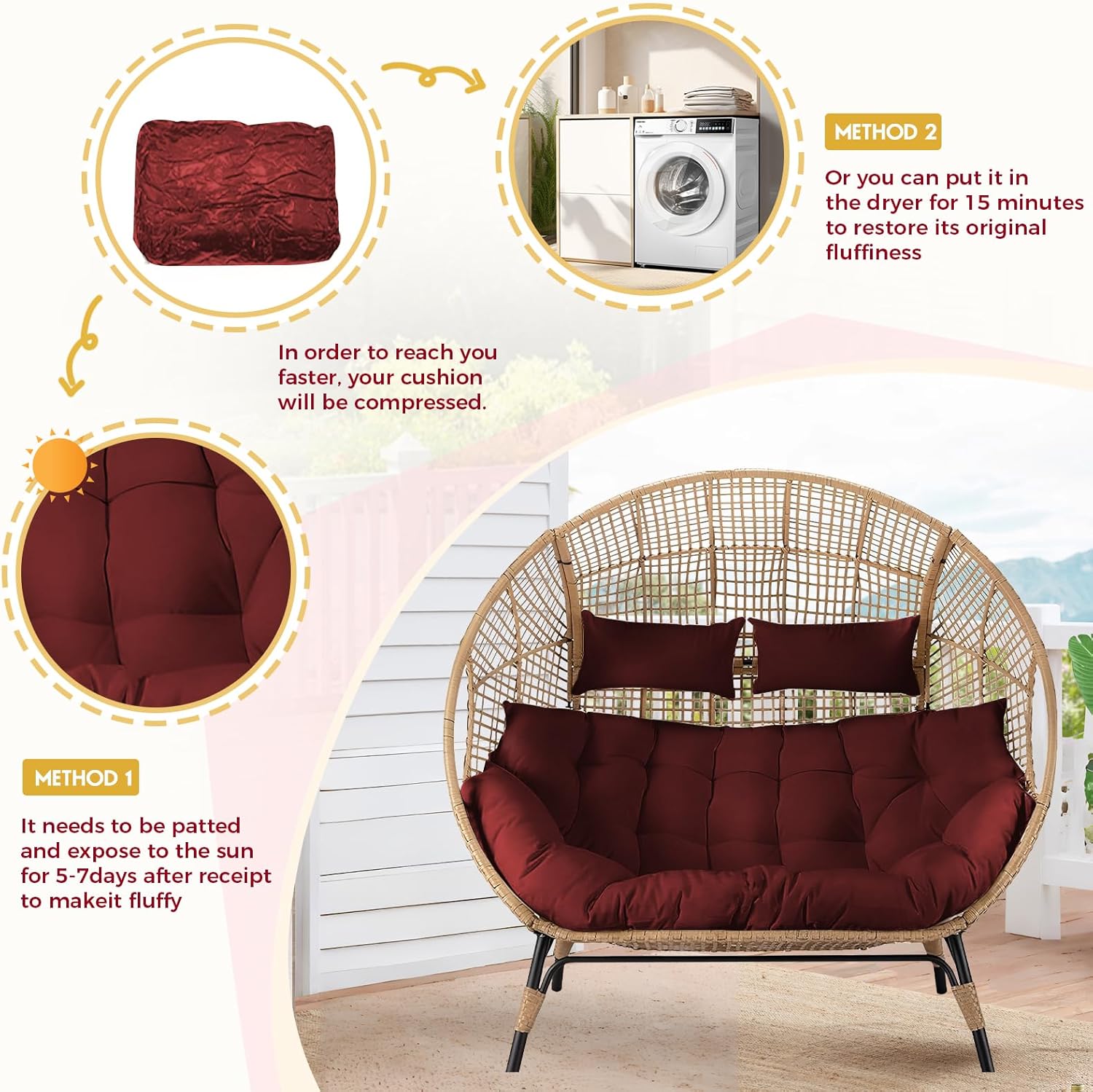 DANGHOOGY Outdoor Double Egg Chair Cushions, Waterproof Wicker Egg Chair Replacement Cushion, Thickened Hanging Chair Cushion, 65x47x7 Inches (Red)
