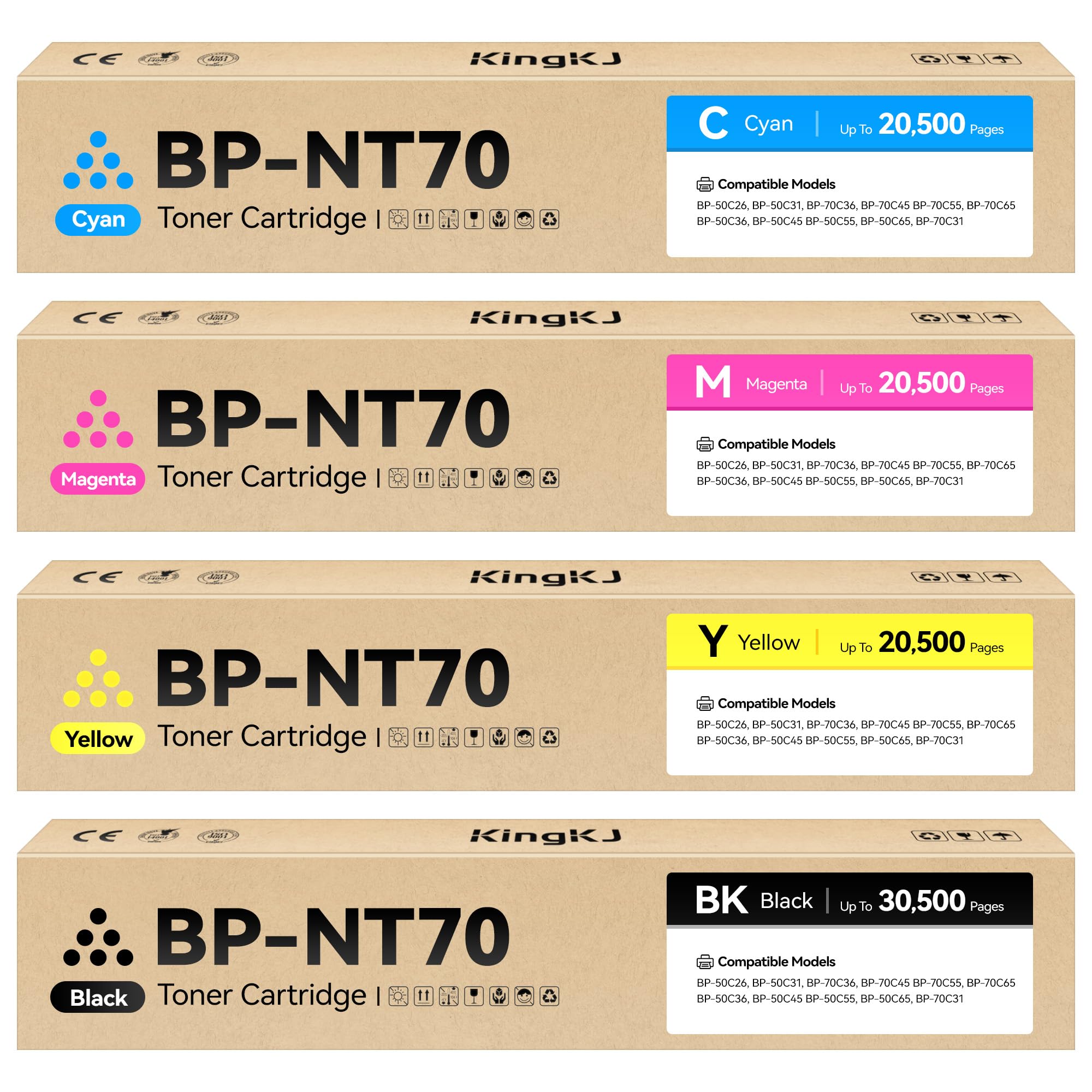 BP-NT70 Toner Cartridge Set 4-Pack Replacement for Sharp NT70BA NT70CA NT70MA NT70YA Compatible with Sharp BP-50C26 50C31 70C36 70C45 B70C55 70C65 50C36 50C45 50C55 50C65 70C31 Printer Ink Black Color