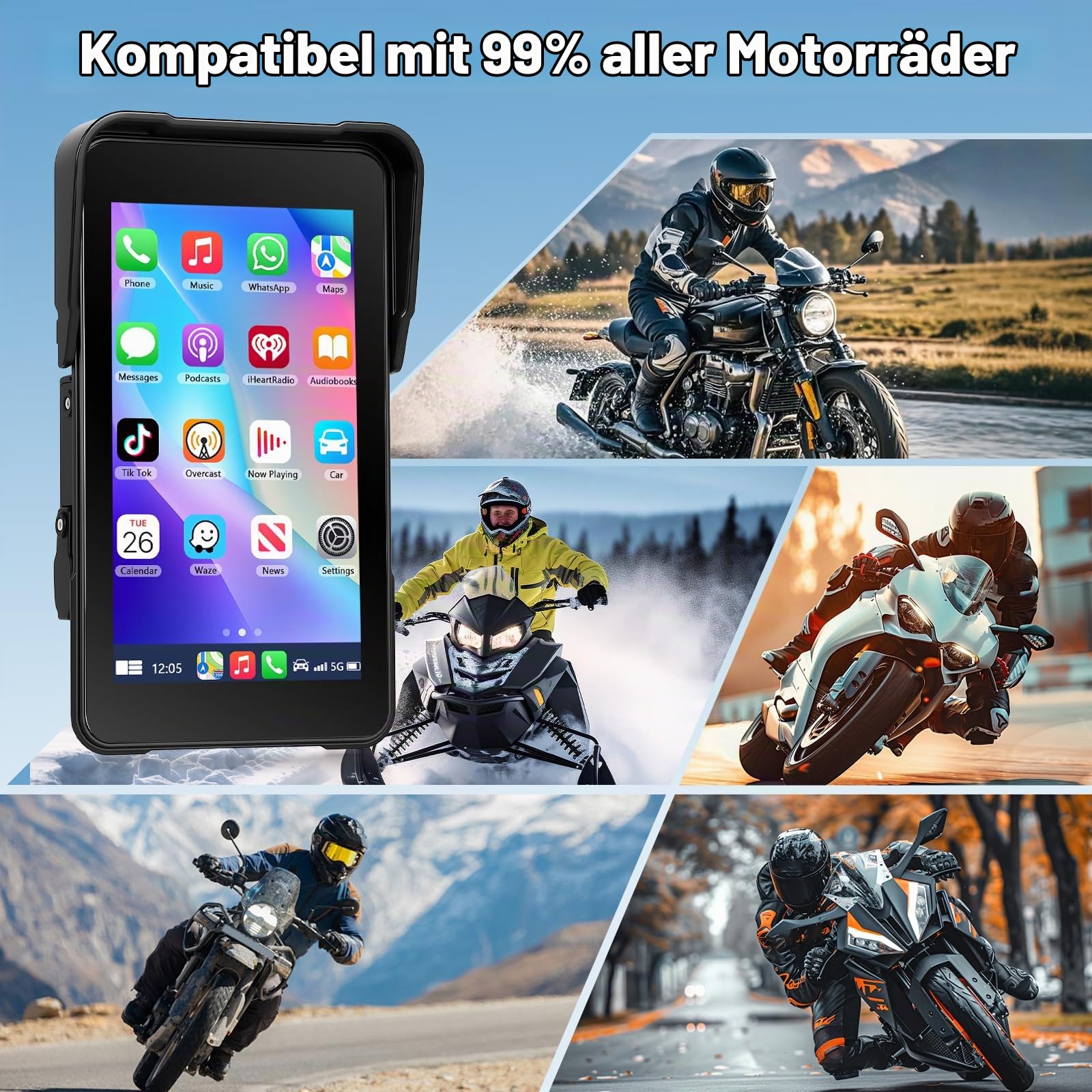 Motorrad Navigation mit Kabellosem A-pple Carplay Android Auto, Tragbares 5-Zoll-HD-Portrait-Touchscreen-Autoradio mit Bluetooth FM, IP68 Wasserdicht
