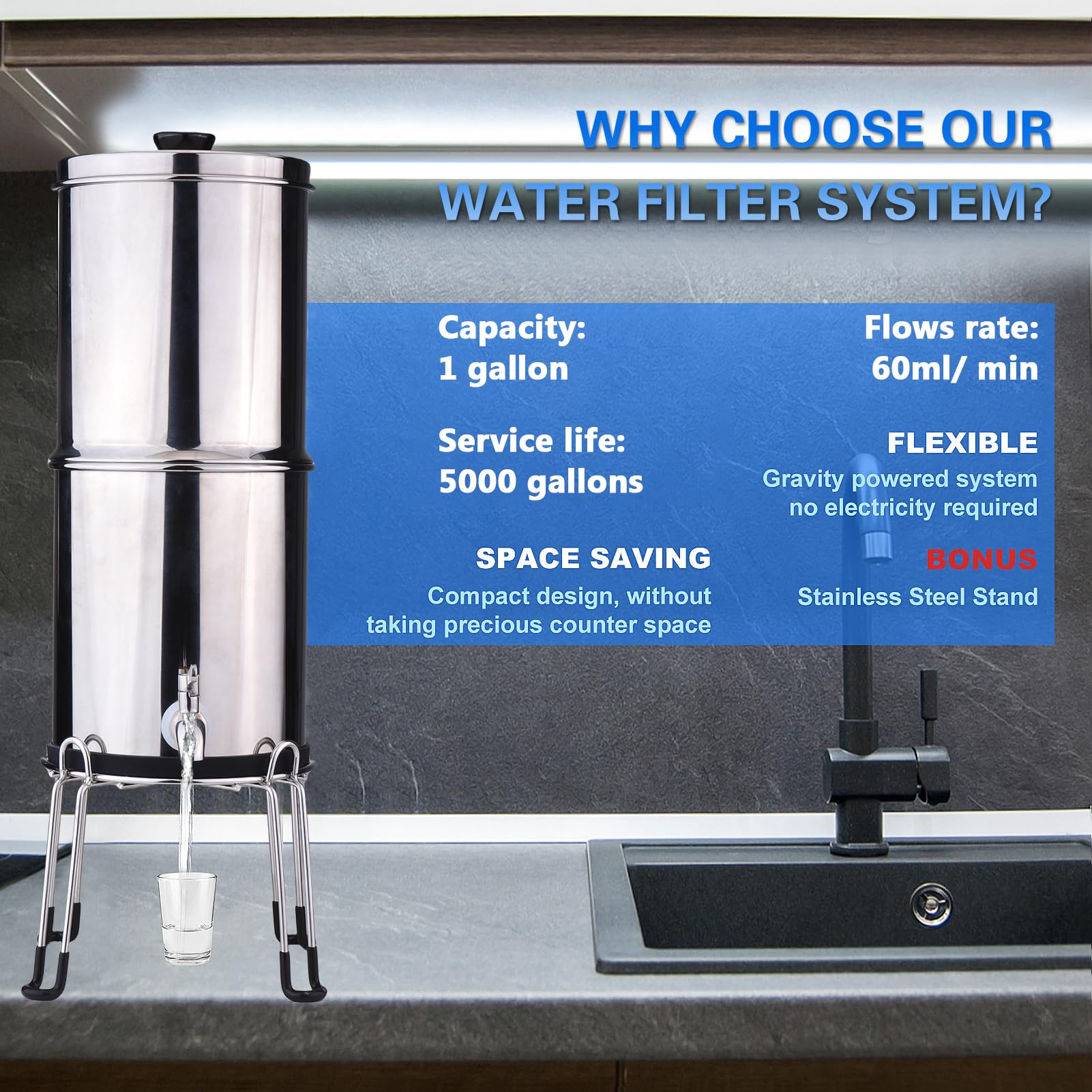 System Grawitacyjnego Filtra Wody, 1 Galon, 3-stopniowy Ultrafiltracyjny Filtr do Wody o średnicy 0,01 μm ze Stali Nierdzewnej, Nablatowy z Metalowym Kranem i Stojakiem (K8779A Z uchwytem)