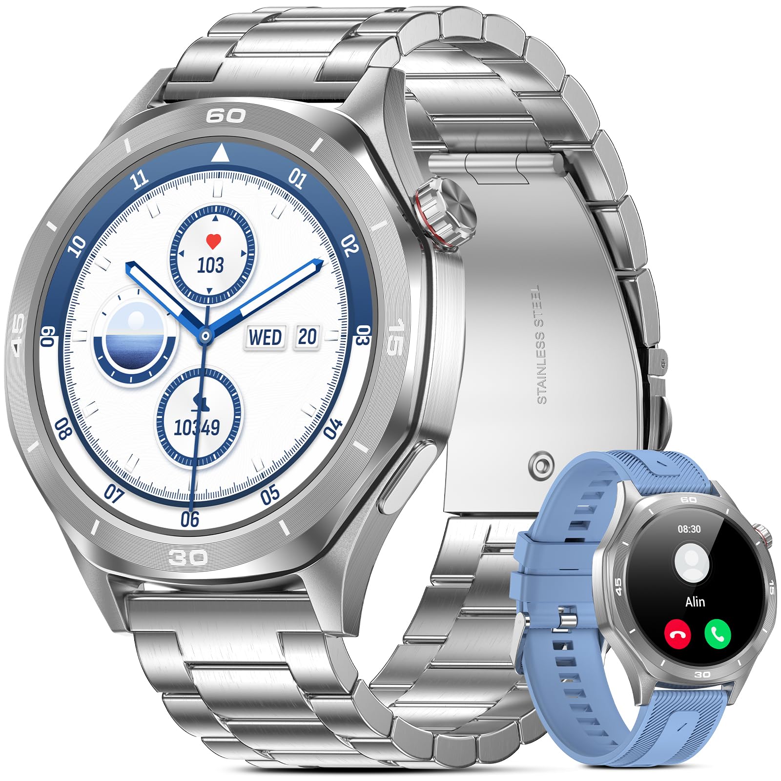 Orologio Smartwatch Uomo, 1,52'' Smart Watch Militare con Batteria 500 mAh/Impermeabile IP68/120+ Modalità Sport/Frequenza Cardiaca/SpO2/Sonno/Contapassi/2 Cinturini per Android iOS, Argento