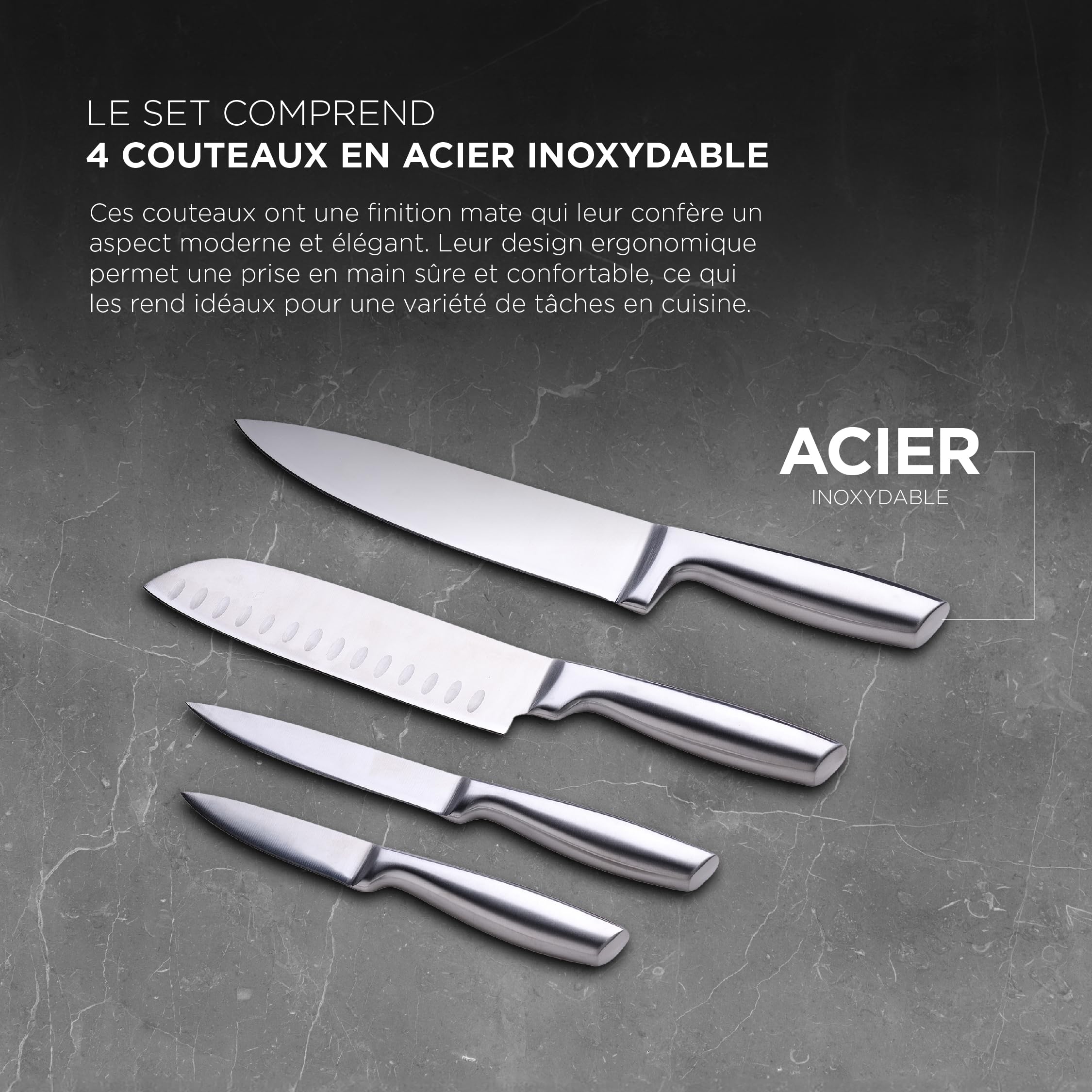 MasterPro Argent 3 - Set di pentole e coltelli - Tre pentole in acciaio inox per impieghi gravosi da 28, 24 e 20 cm - Set di 4 coltelli in acciaio inox, finitura opaca e impugnatura sicura