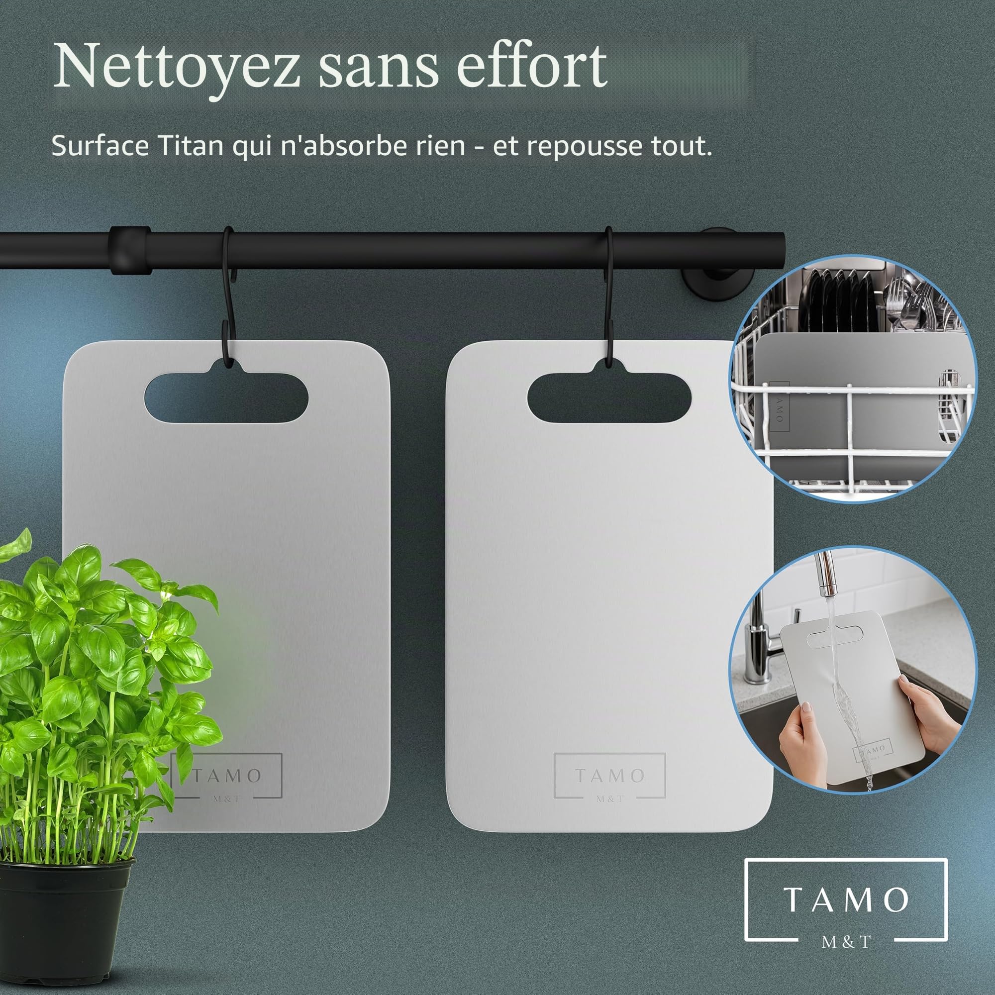 Planche à découper Tamo en titane 100% pur - Hygiénique, antibactérienne et durable - Idéale pour la viande, les fruits, les légumes, la cuisine, le camping et l'extérieur