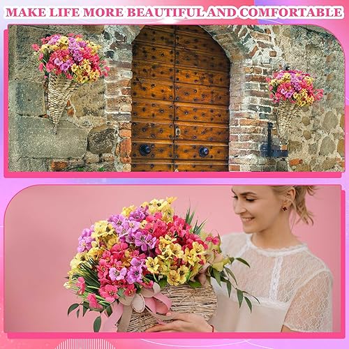 Miniatura 6 de Lyrow 100 paquetes de flores artificiales violetas, flores sintéticas resistentes a los rayos UV al aire libre, flores de seda sintética, flores