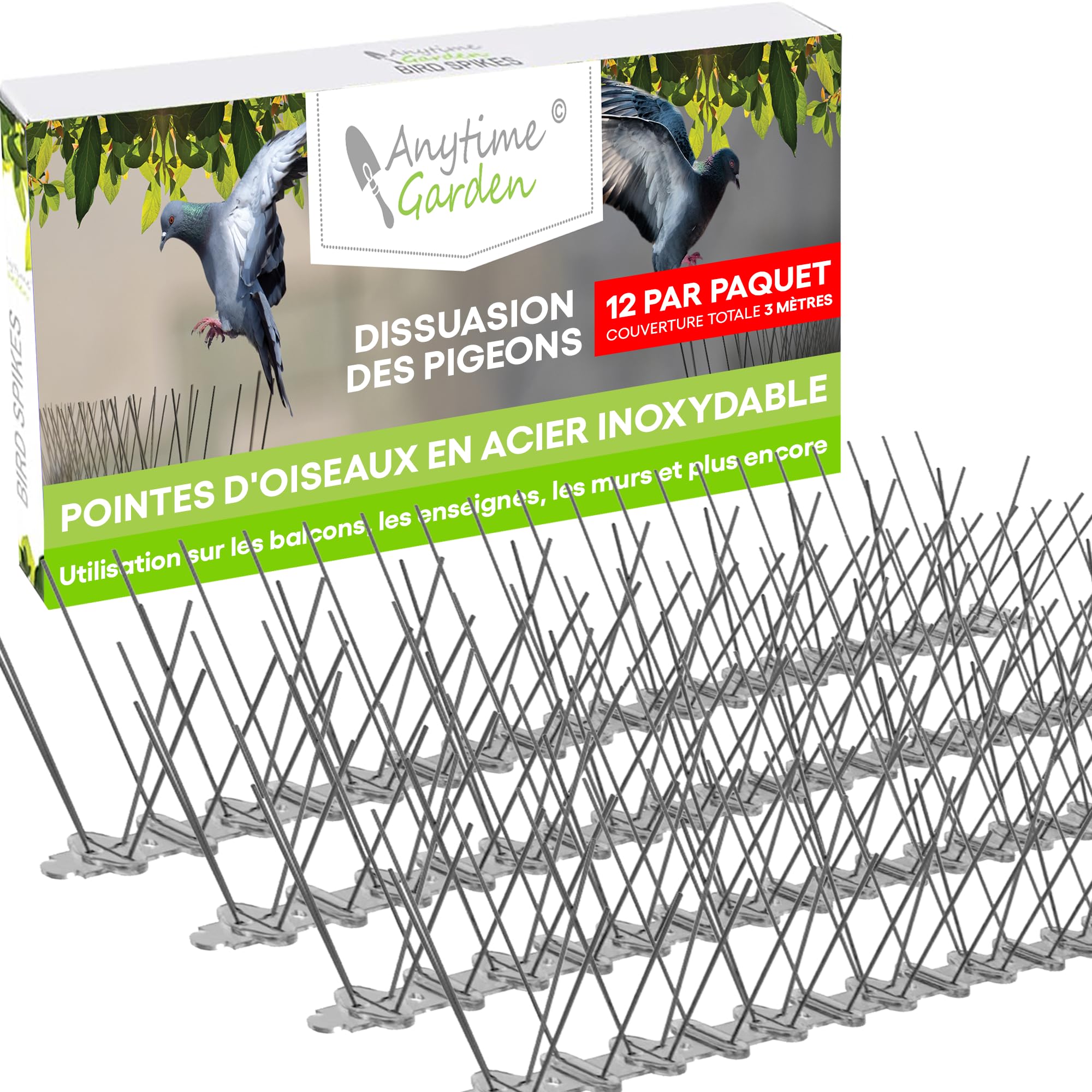Piques en Acier Inoxydable Anti – Oiseaux – Repoussant Durable de Pigeons – Très dissuasif pour Les Oiseaux, Corbeaux et Les piverts – Facile à Installer et enlever, 10ft Soit 3M
