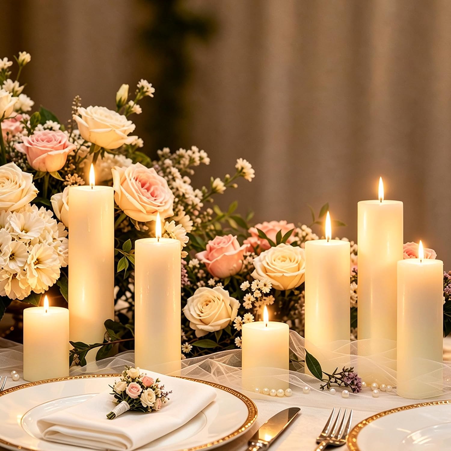 18Pcs Ivory Pillar Candles Bulk, Unscented Dripless Wax Candle Set